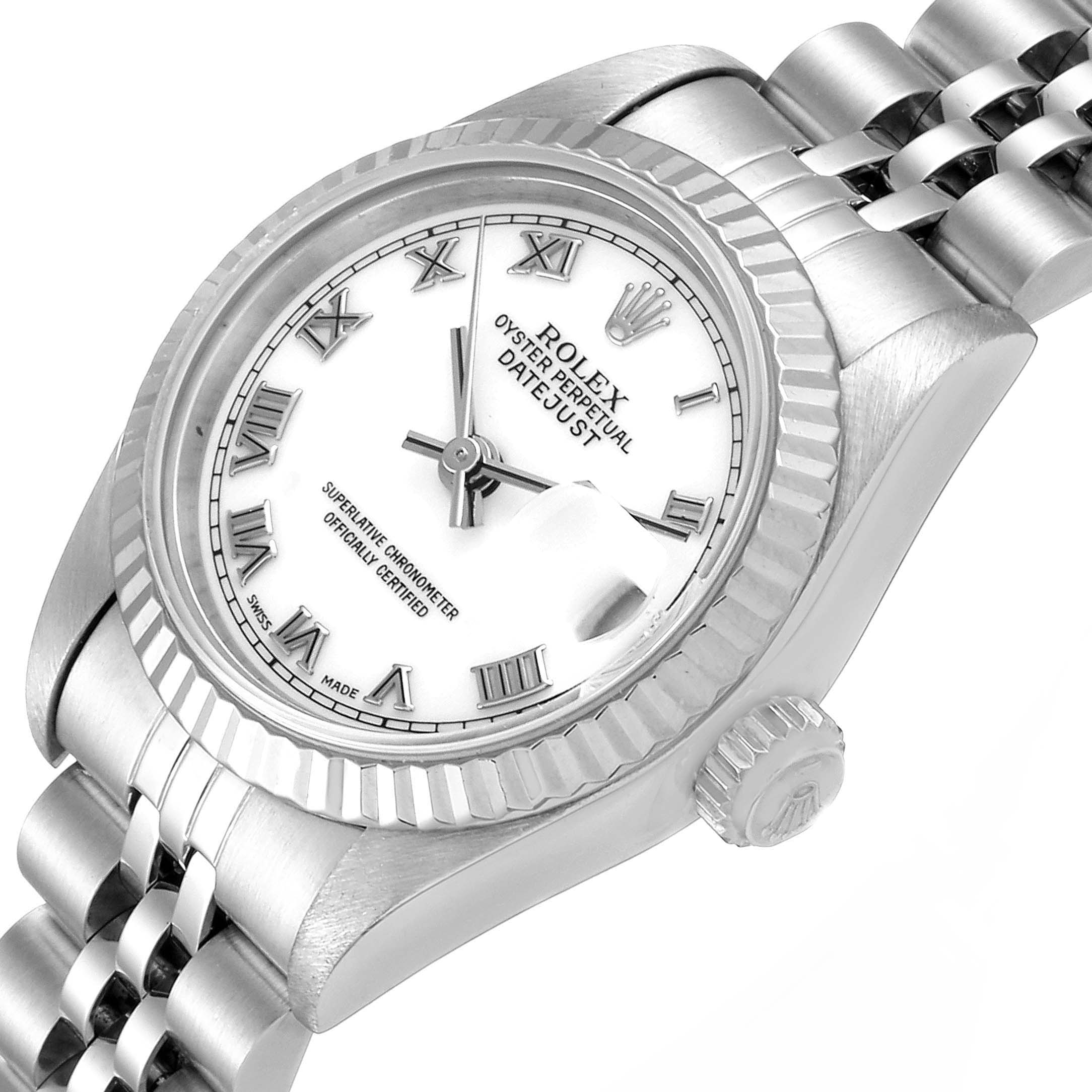 This image shows a close-up of the Rolex Datejust 69174 Women's Stainless Steel White Dial 69174 Women's Stainless Steel White Dial watch face, bezel, crown, and part of the bracelet from a slightly angled perspective.