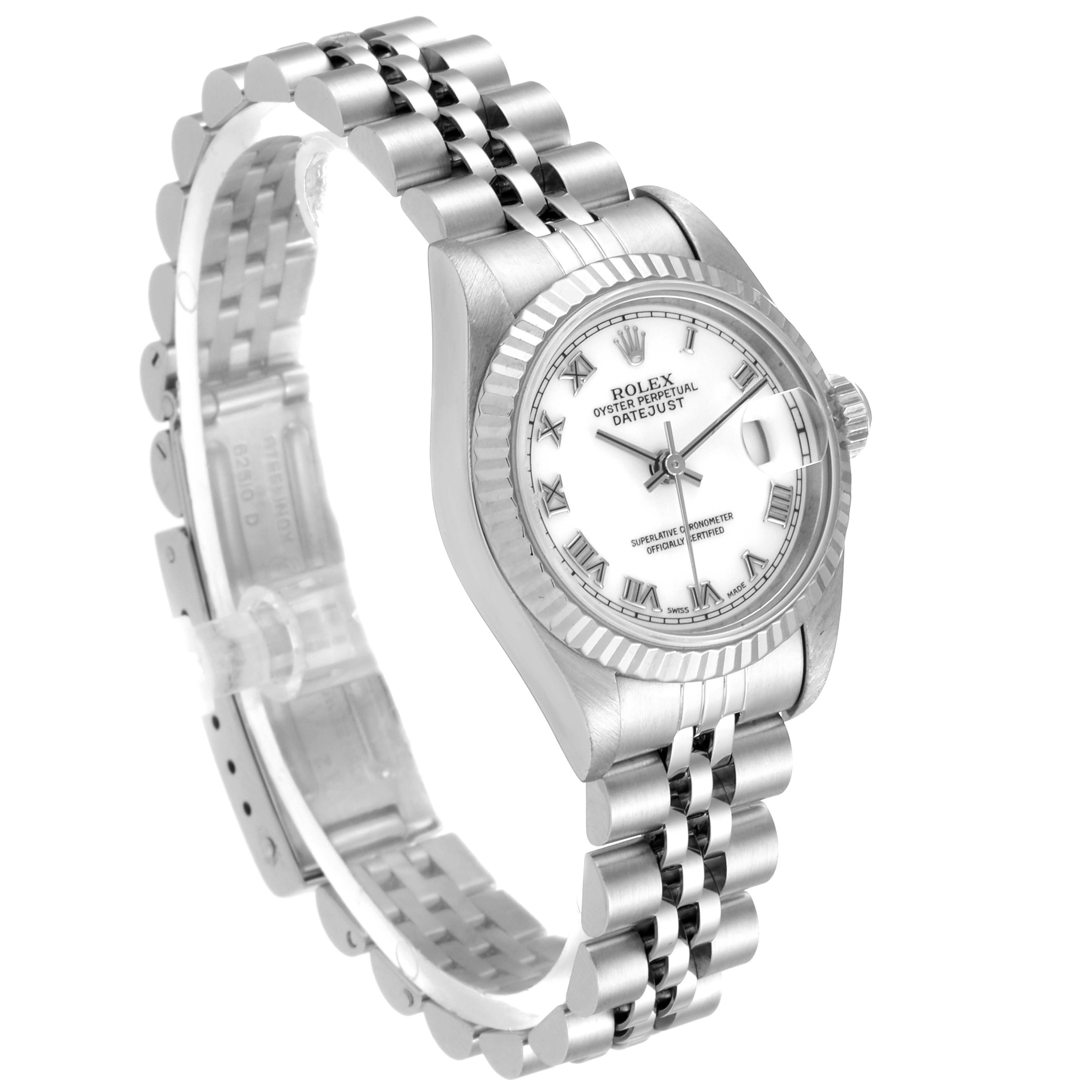 This image shows a Rolex Datejust 69174 Women's Stainless Steel White Dial 69174 Women's Stainless Steel White Dial watch at a three-quarter angle, highlighting the face, bezel, and bracelet.