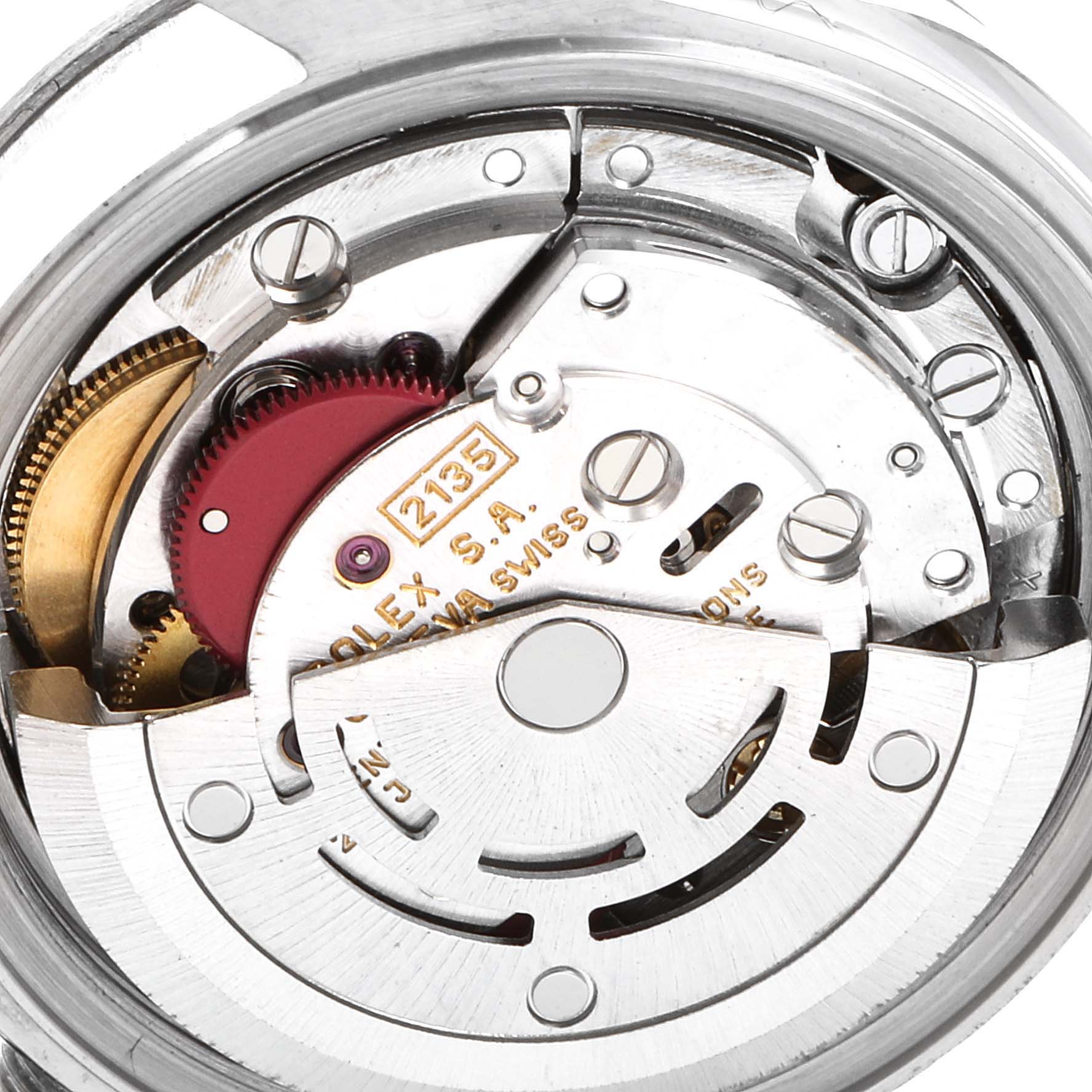 This image shows a close-up of the Rolex Datejust 69174 Women's Stainless Steel White Dial 69174 Women's Stainless Steel White Dial watch's movement mechanism from the back.