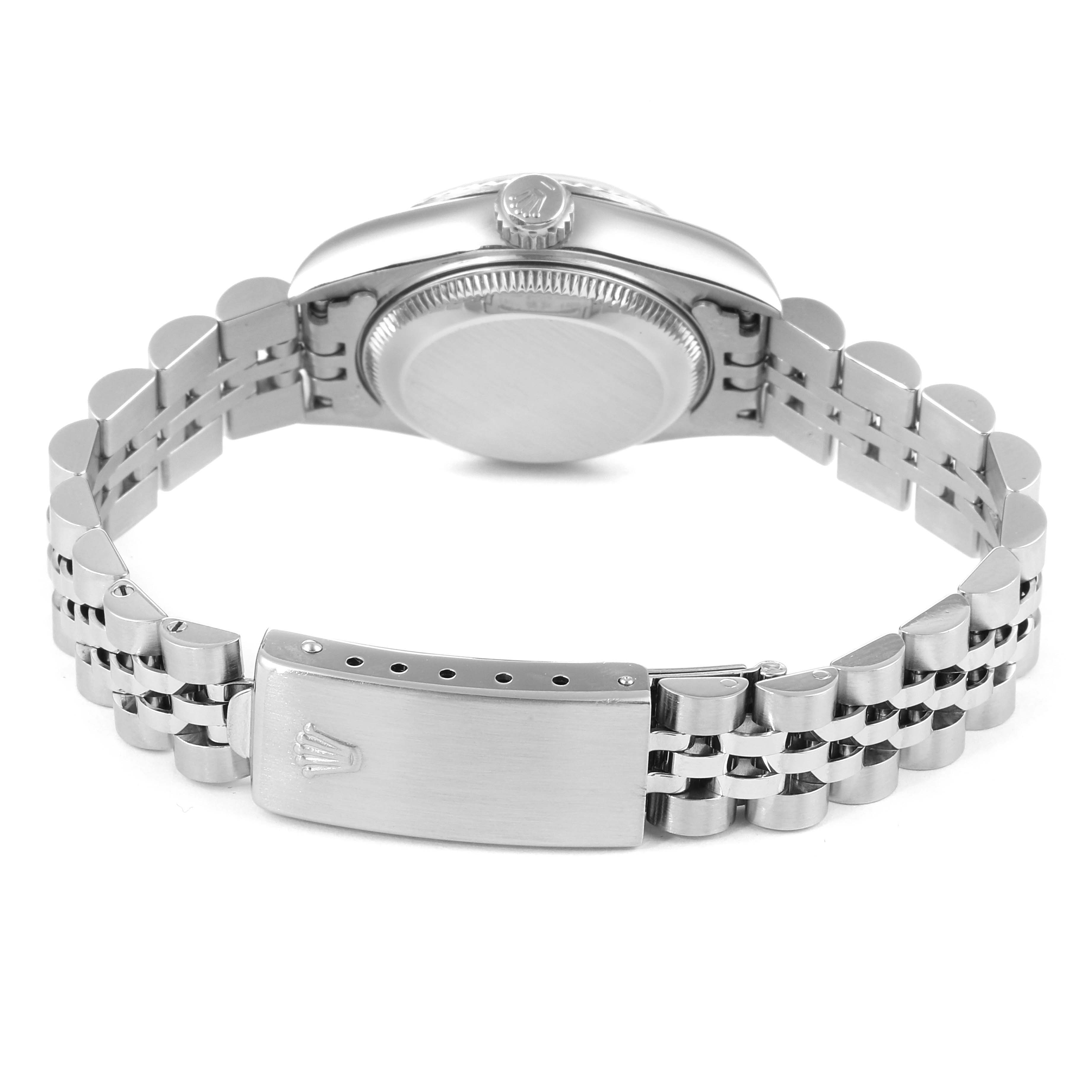 This image shows the backside and clasp of a Rolex Datejust 69174 Women's Stainless Steel White Dial 69174 Women's Stainless Steel White Dial watch, highlighting its bracelet and the back of the watch case.