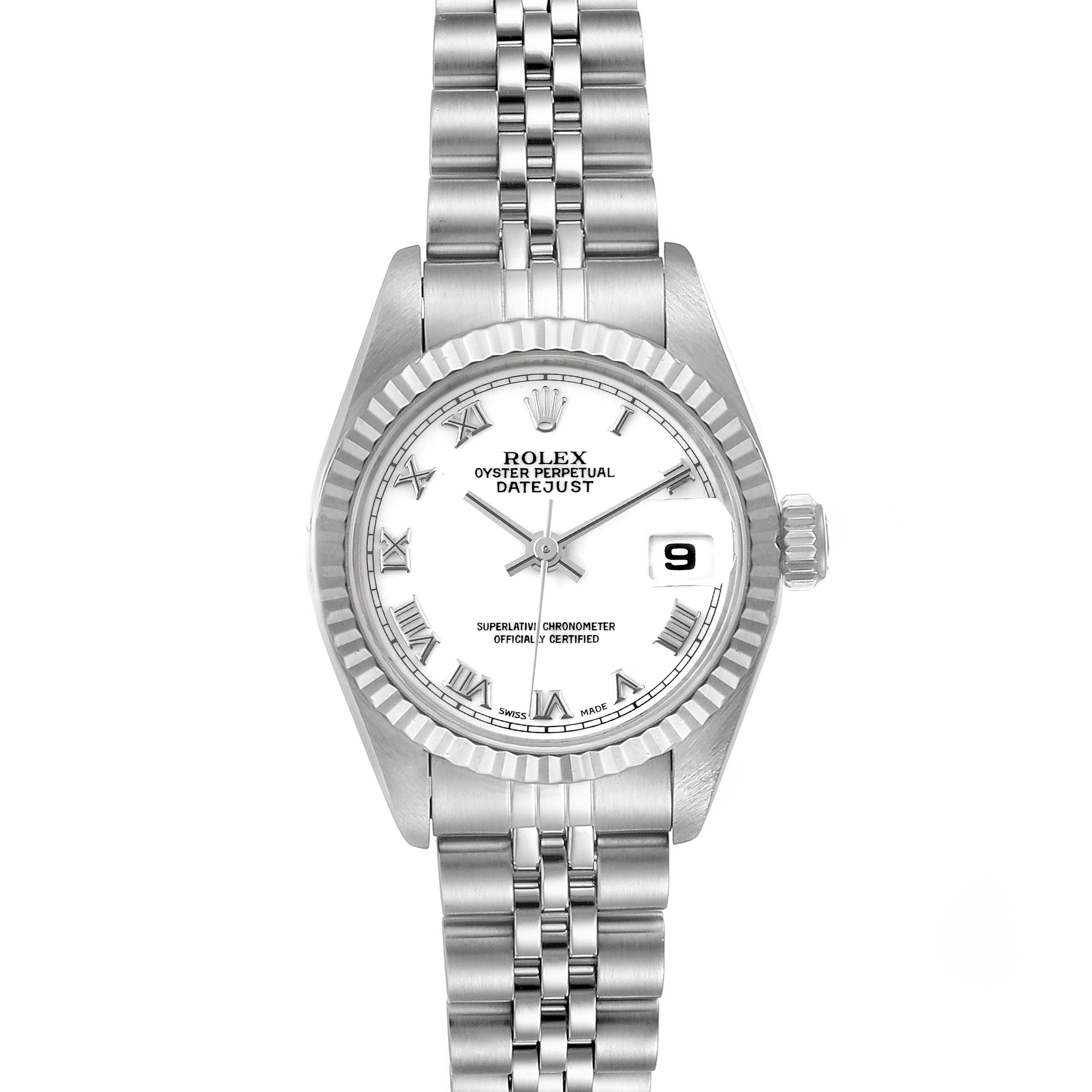 This image shows a front view of the Rolex Datejust 69174 Women's Stainless Steel White Dial 69174 Women's Stainless Steel White Dial watch, highlighting the dial, bezel, crown, and bracelet.