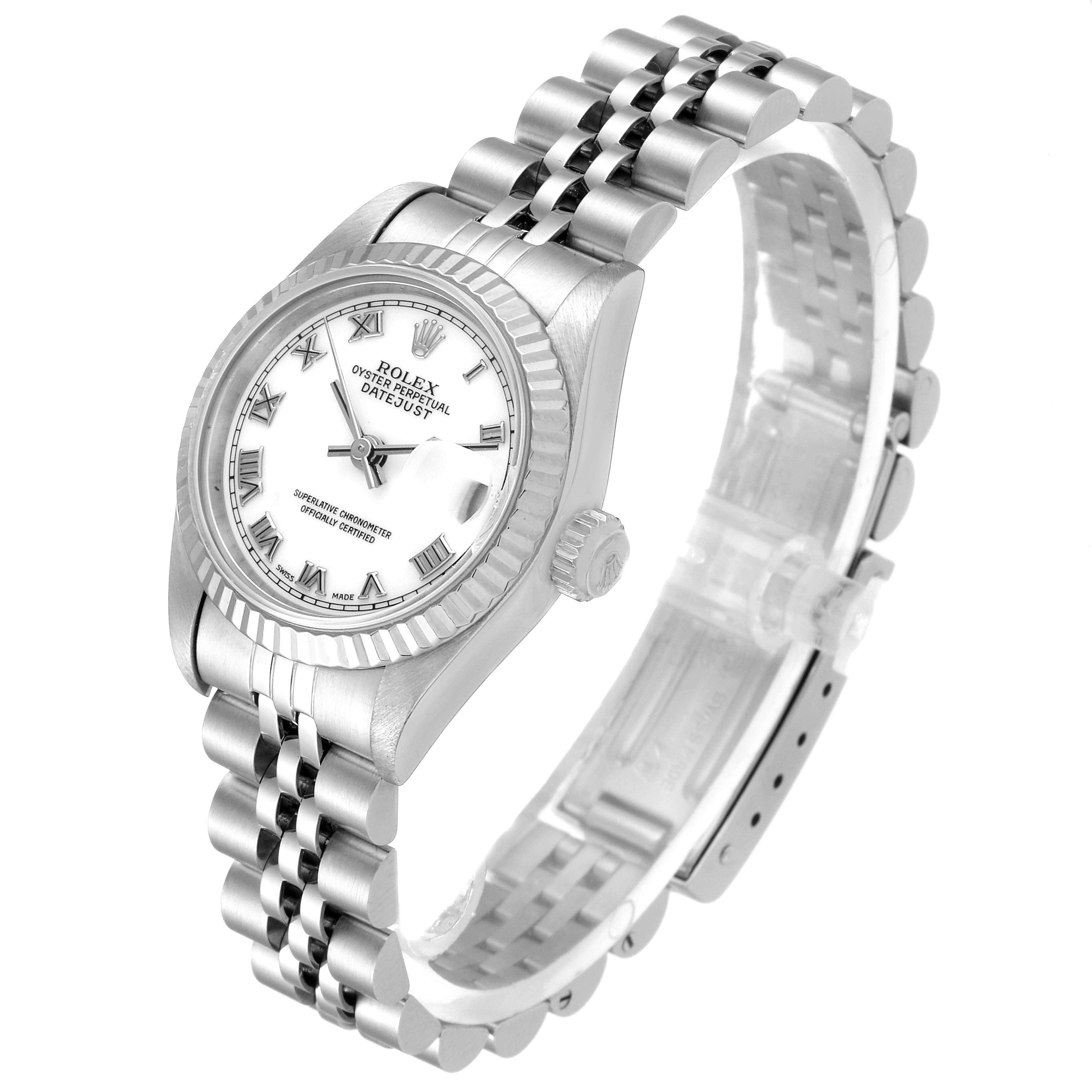 The Rolex Datejust 69174 Women's Stainless Steel White Dial 69174 Women's Stainless Steel White Dial watch is shown at a slight angle highlighting its dial, bezel, and metal bracelet.