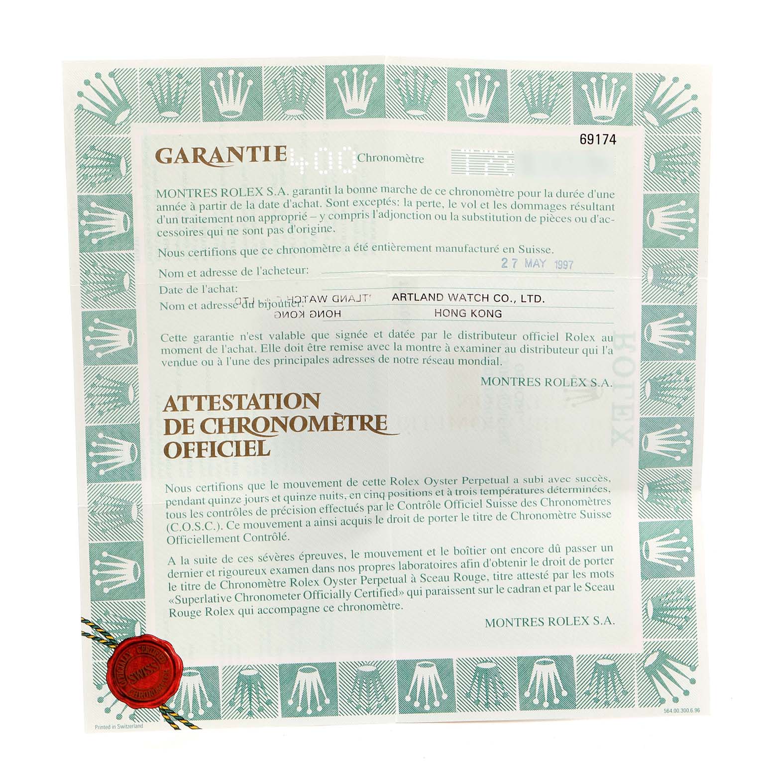 The image shows a warranty certificate for a Rolex Datejust 69174 Women's Stainless Steel White Dial 69174 Women's Stainless Steel White Dial watch, including the official chronometer certification.