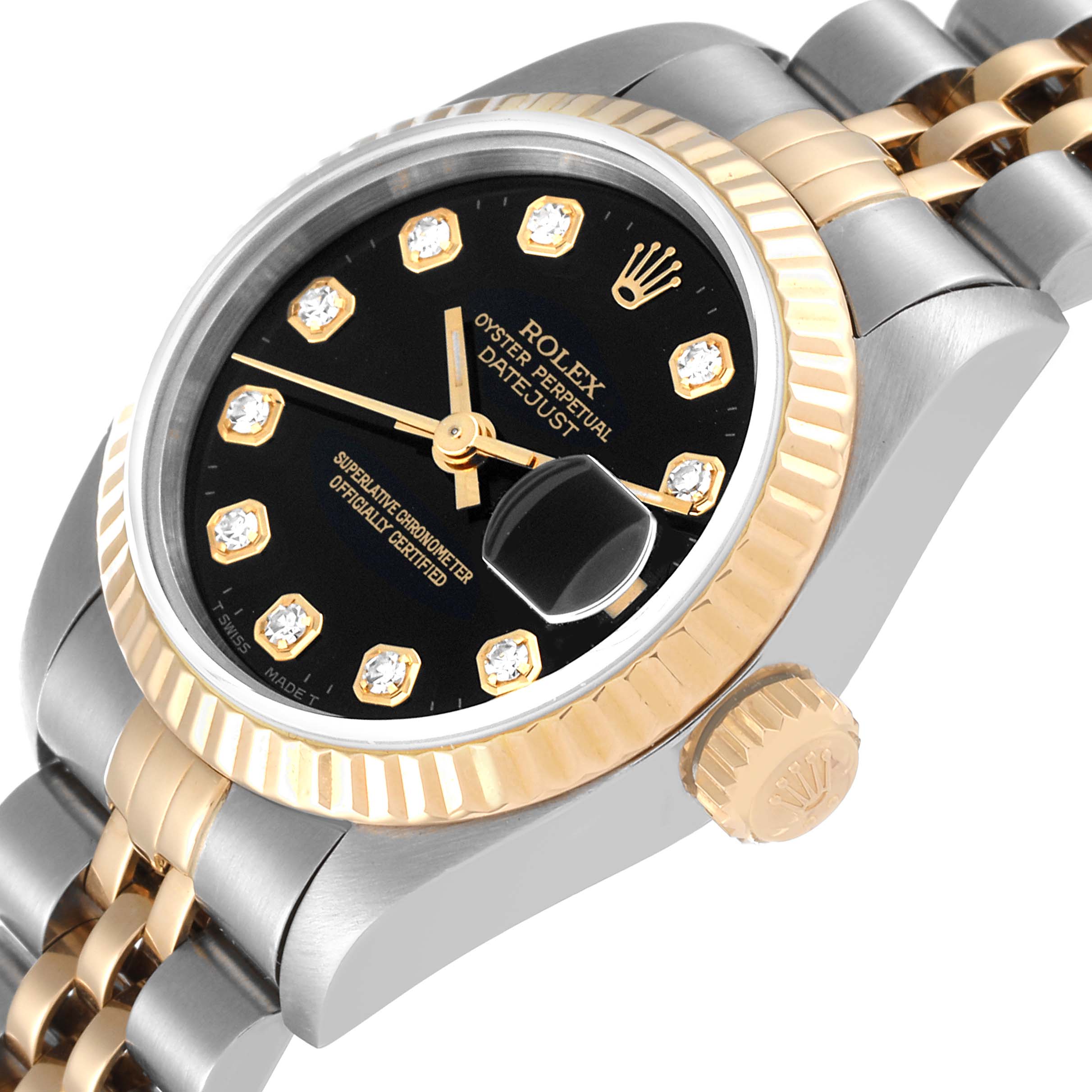 The image shows a close-up, angled view of a Rolex Datejust 69173 Women's Steel and Gold (two tone) Black Dial 69173 Women's Steel and Gold (two tone) Black Dial watch, highlighting its black dial, diamond markers, and two-tone bracelet.