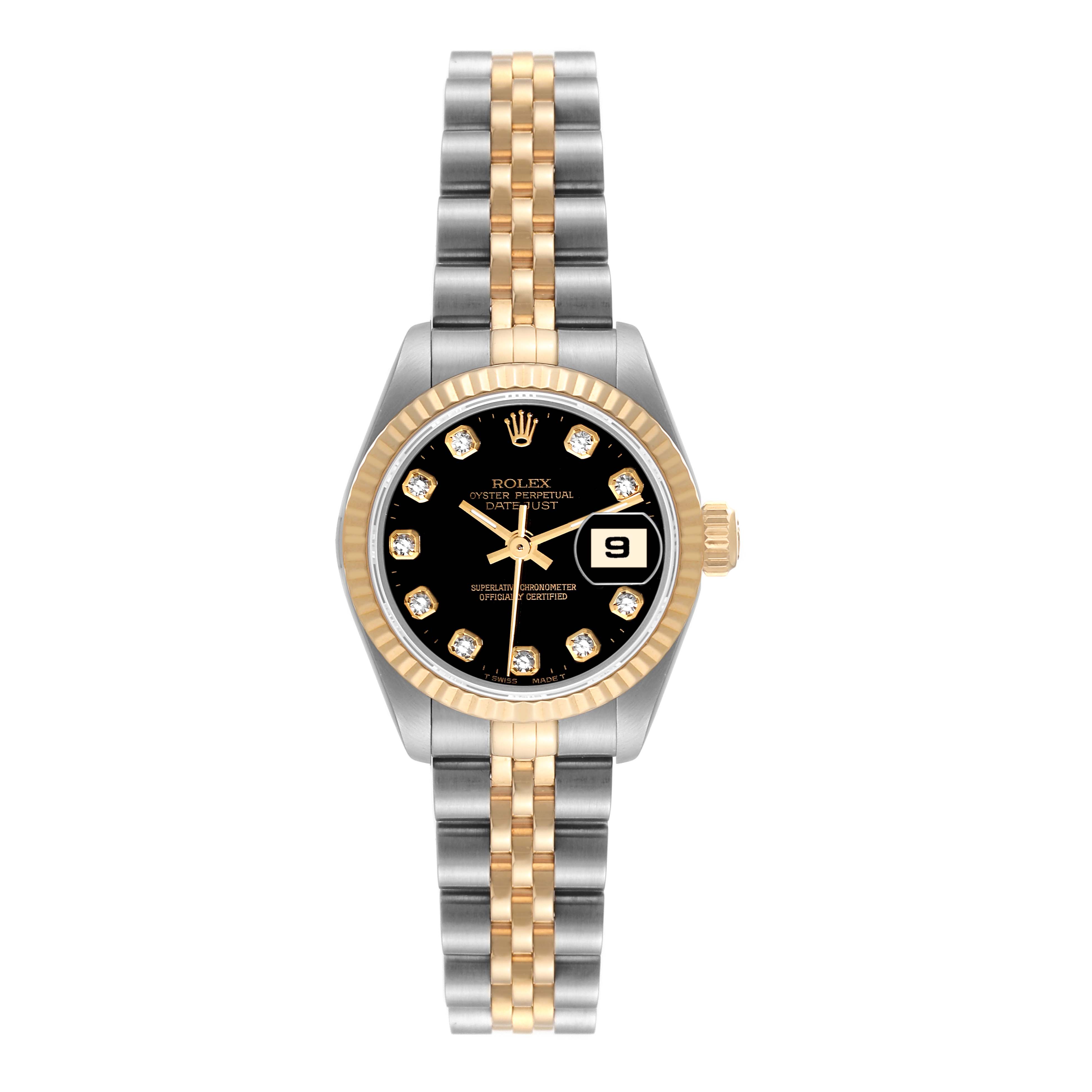 The image shows a Rolex Datejust 69173 Women's Steel and Gold (two tone) Black Dial 69173 Women's Steel and Gold (two tone) Black Dial watch from a top-down angle, highlighting its black dial, diamond hour markers, and two-tone bracelet.