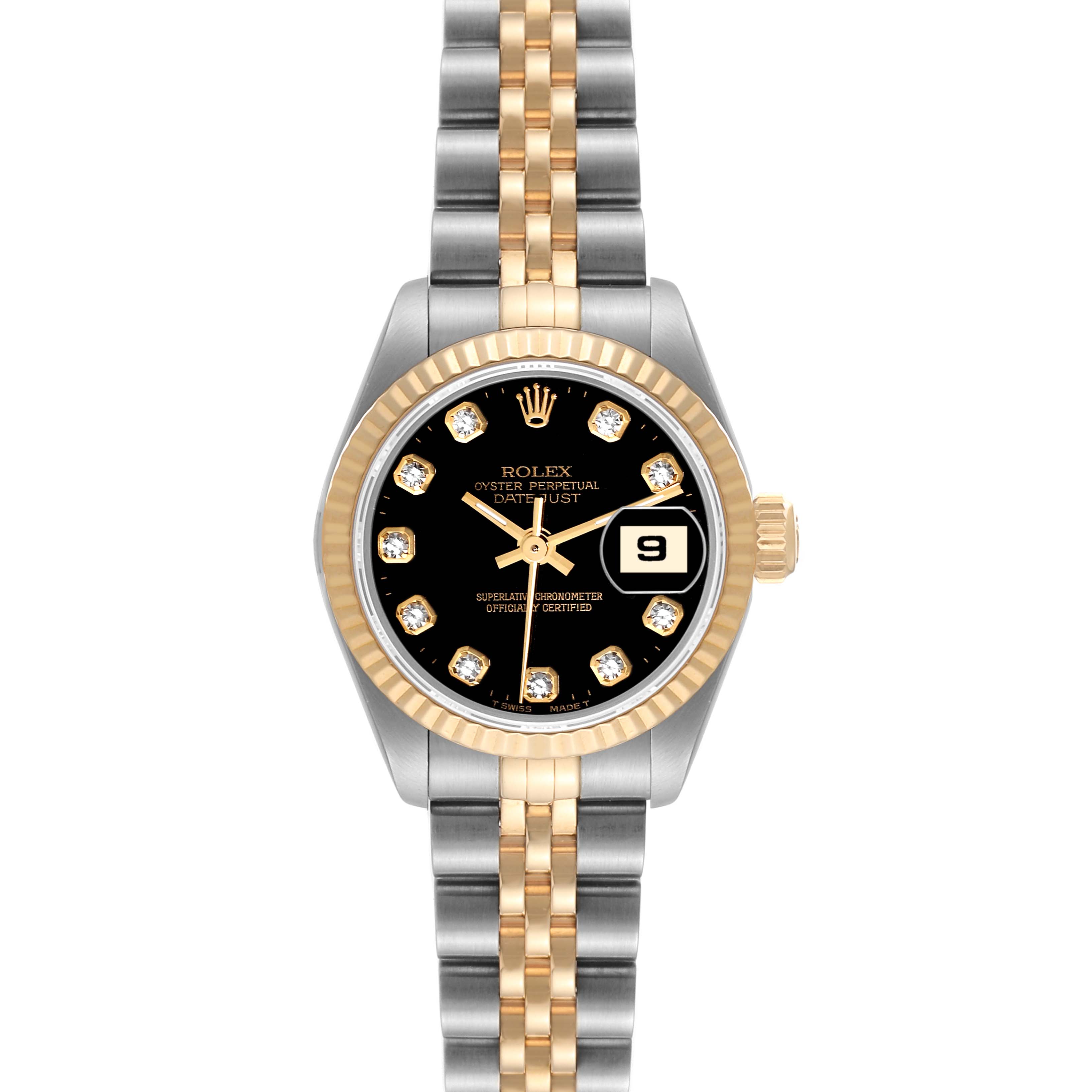 The image shows a frontal view of a Rolex Datejust 69173 Women's Steel and Gold (two tone) Black Dial 69173 Women's Steel and Gold (two tone) Black Dial watch with a two-tone metal bracelet, black dial, and diamond hour markers.