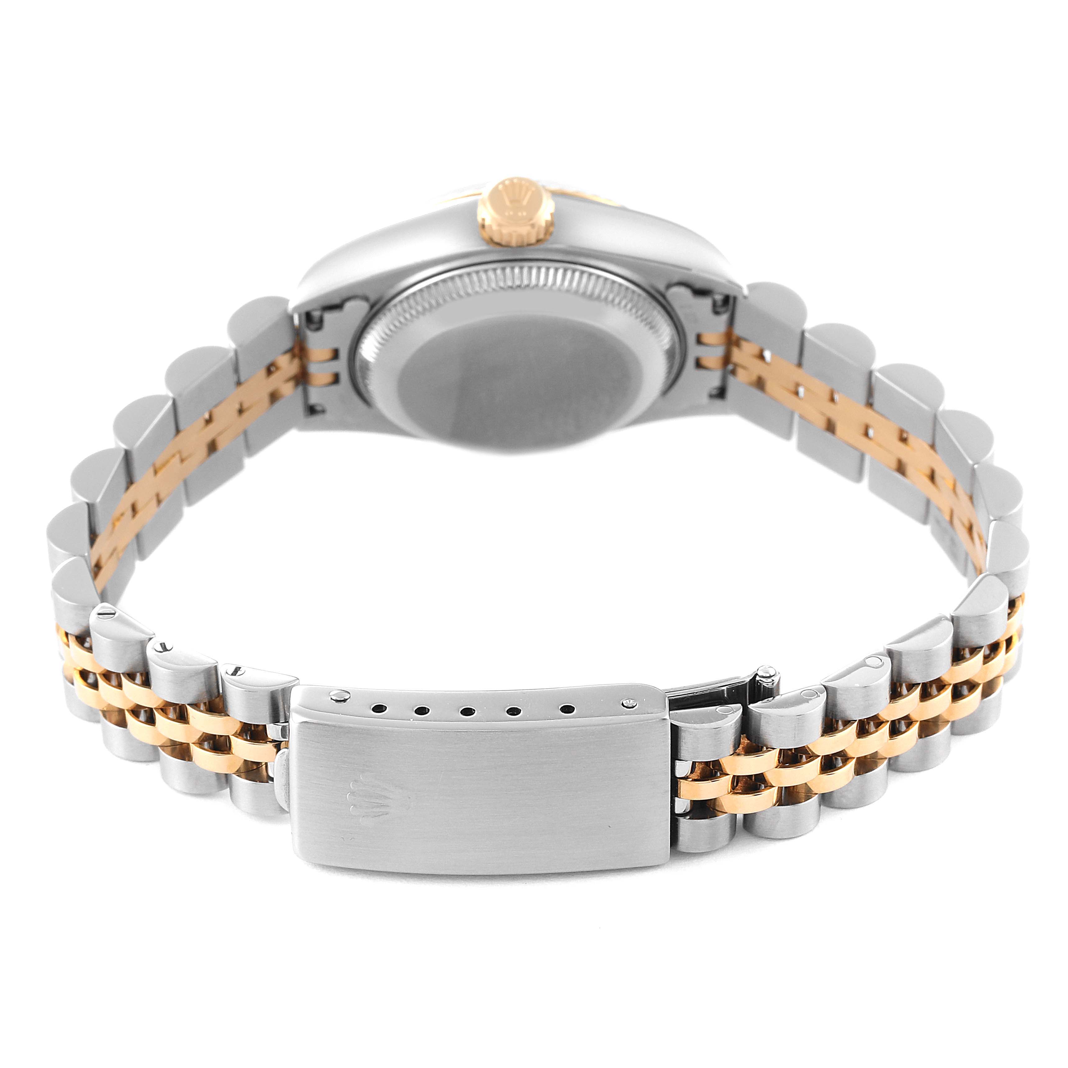 The image shows the back view of a Rolex Datejust 69173 Women's Steel and Gold (two tone) Black Dial 69173 Women's Steel and Gold (two tone) Black Dial watch with its clasp and bracelet visible.