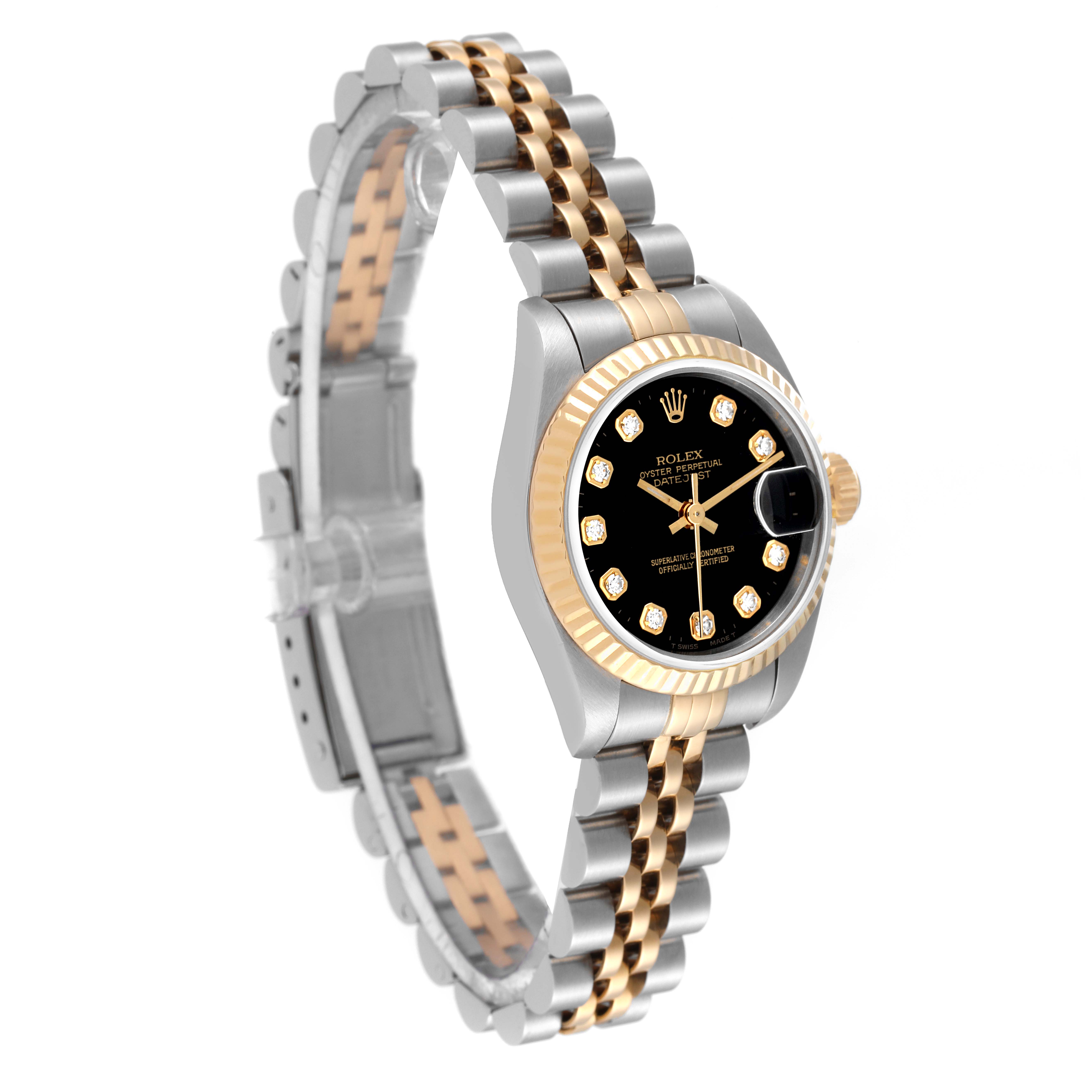The Rolex Datejust 69173 Women's Steel and Gold (two tone) Black Dial 69173 Women's Steel and Gold (two tone) Black Dial watch is shown at a three-quarter angle, highlighting its bracelet, bezel, and dial.