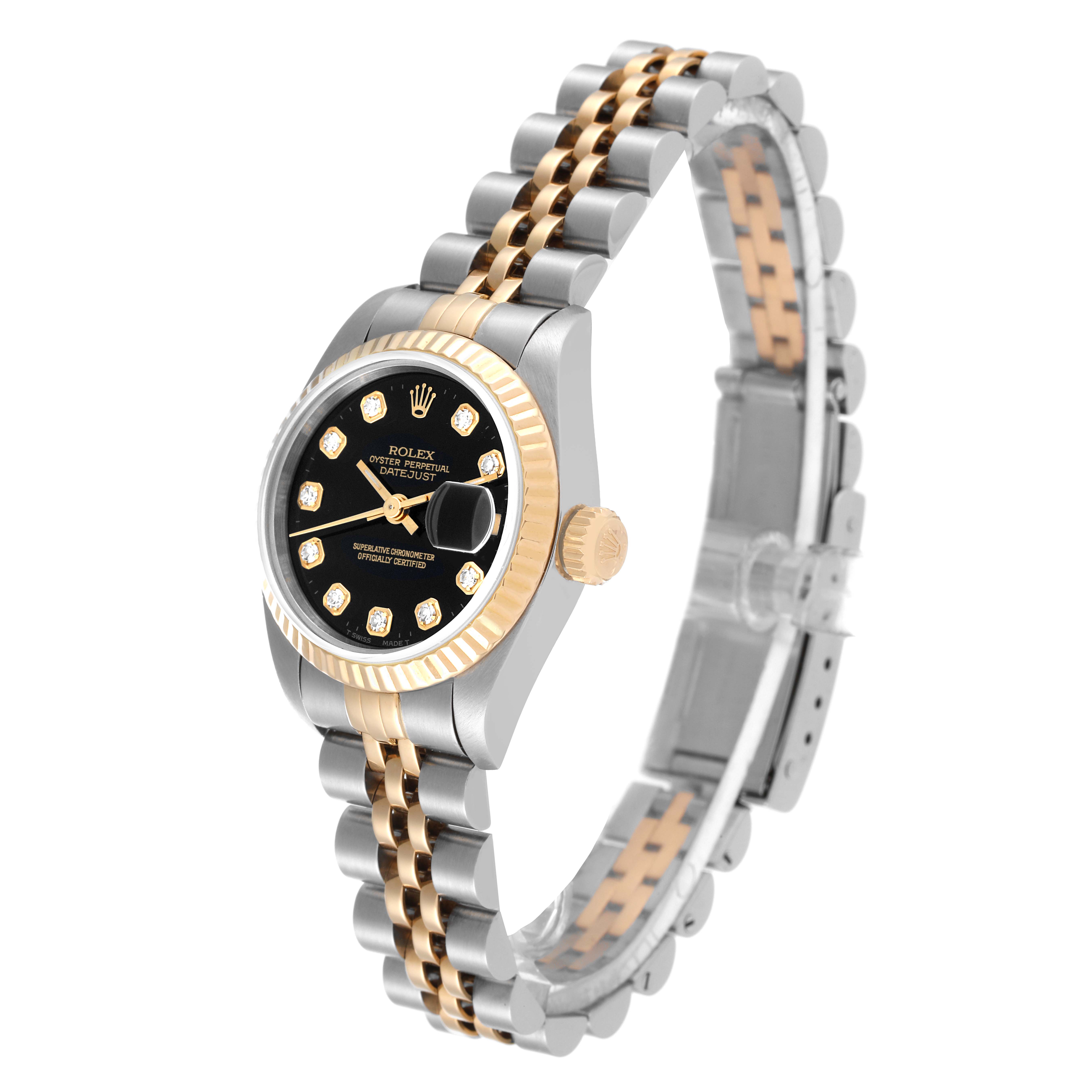 This image shows a Rolex Datejust 69173 Women's Steel and Gold (two tone) Black Dial 69173 Women's Steel and Gold (two tone) Black Dial watch angled from the front-left, highlighting its dial, fluted bezel, and two-tone bracelet.