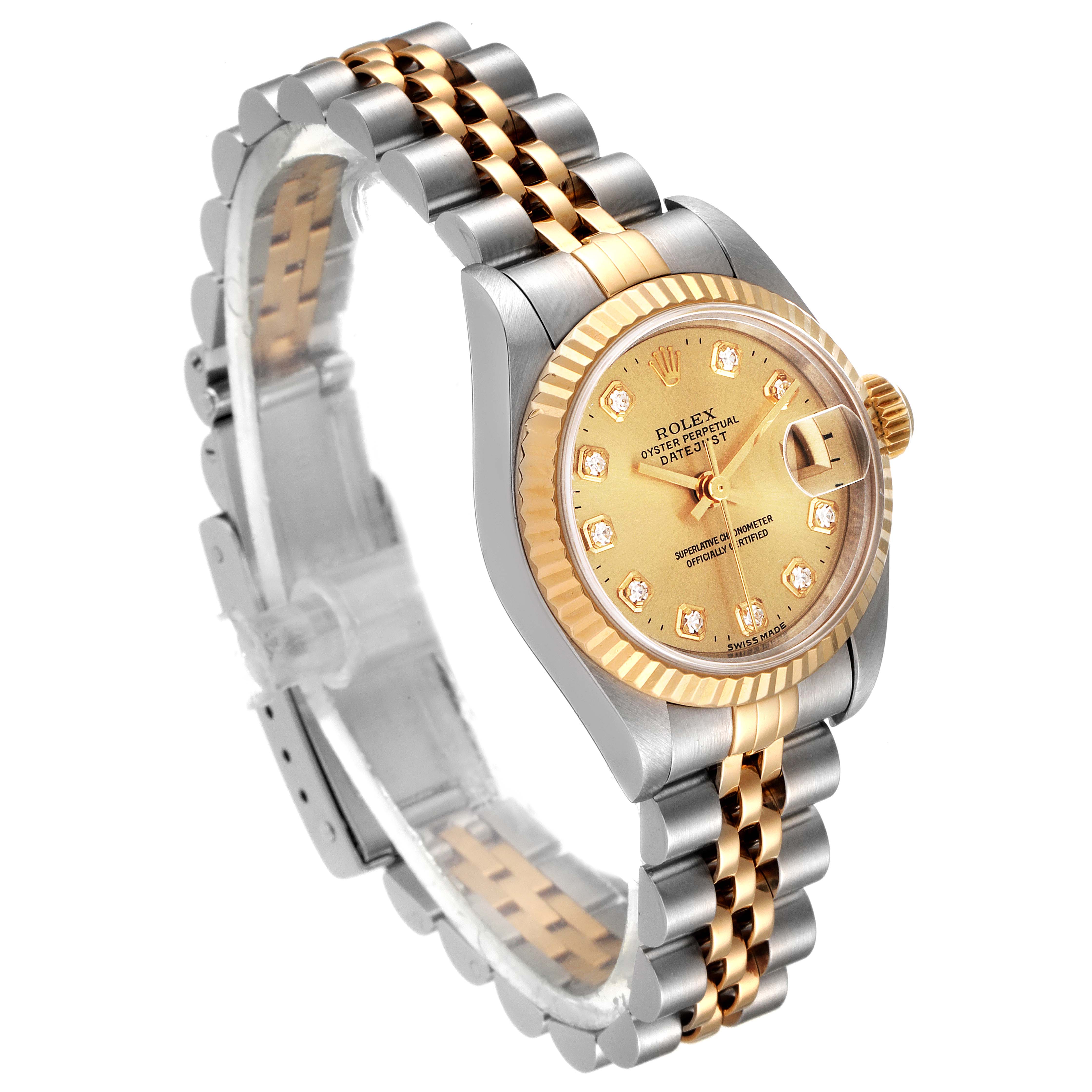 The Rolex Datejust 69173 Women
s Steel and Gold (two tone) Champagne Dial 69173 Women
s Steel and Gold (two tone) Champagne Dial watch is shown from a 3/4 angle, highlighting its dial, bezel, and bracelet.