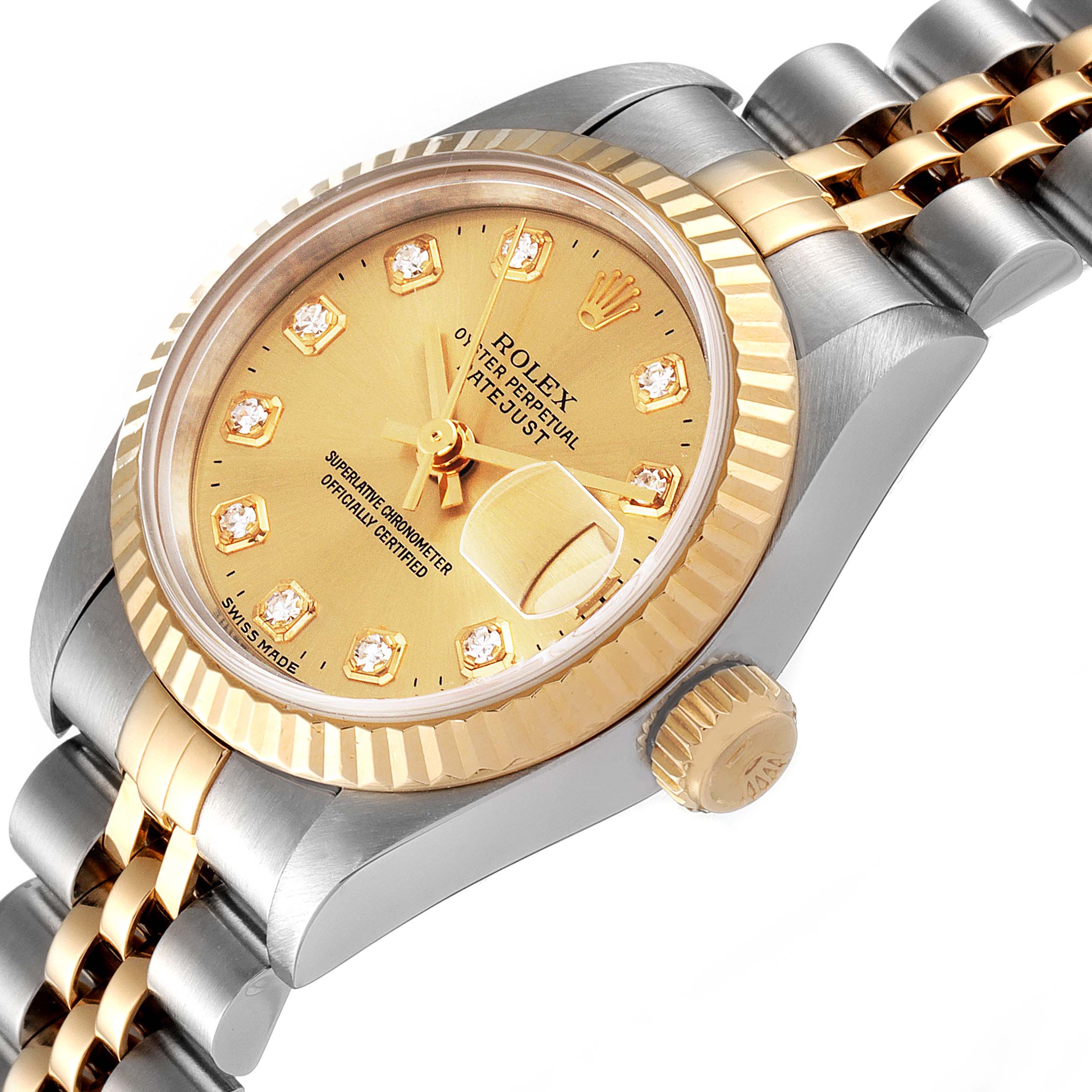 The image shows a close-up, angled view of a Rolex Datejust 69173 Women
s Steel and Gold (two tone) Champagne Dial 69173 Women
s Steel and Gold (two tone) Champagne Dial watch, highlighting its crown, bezel, and part of the bracelet.
