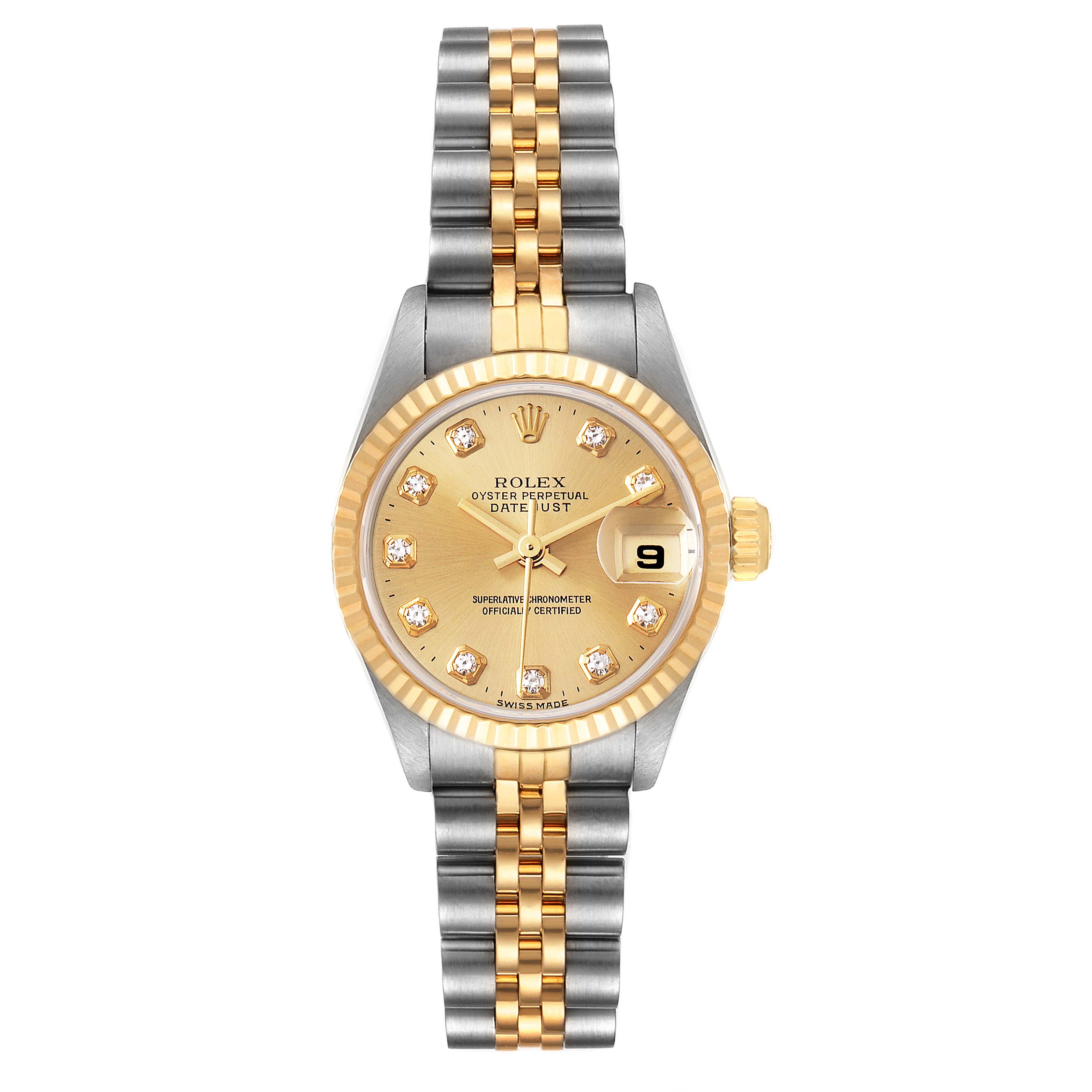 This is a straight-on view of the Rolex Datejust 69173 Women
s Steel and Gold (two tone) Champagne Dial 69173 Women
s Steel and Gold (two tone) Champagne Dial watch, showcasing its gold and silver bracelet, fluted bezel, and date display.