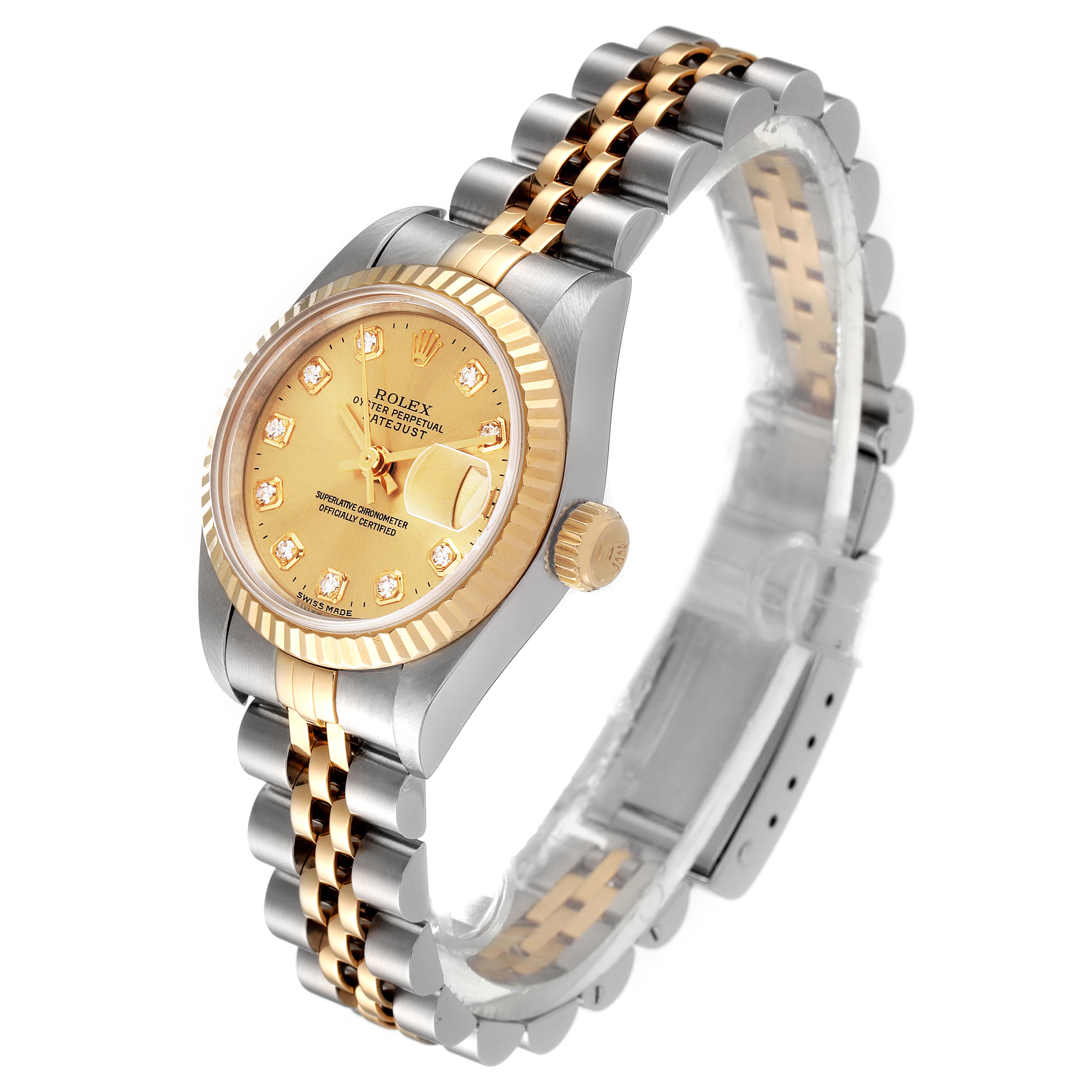 The image shows a Rolex Datejust 69173 Women
s Steel and Gold (two tone) Champagne Dial 69173 Women
s Steel and Gold (two tone) Champagne Dial watch at an angled side view, displaying the two-tone bracelet, crown, and diamond-set dial.