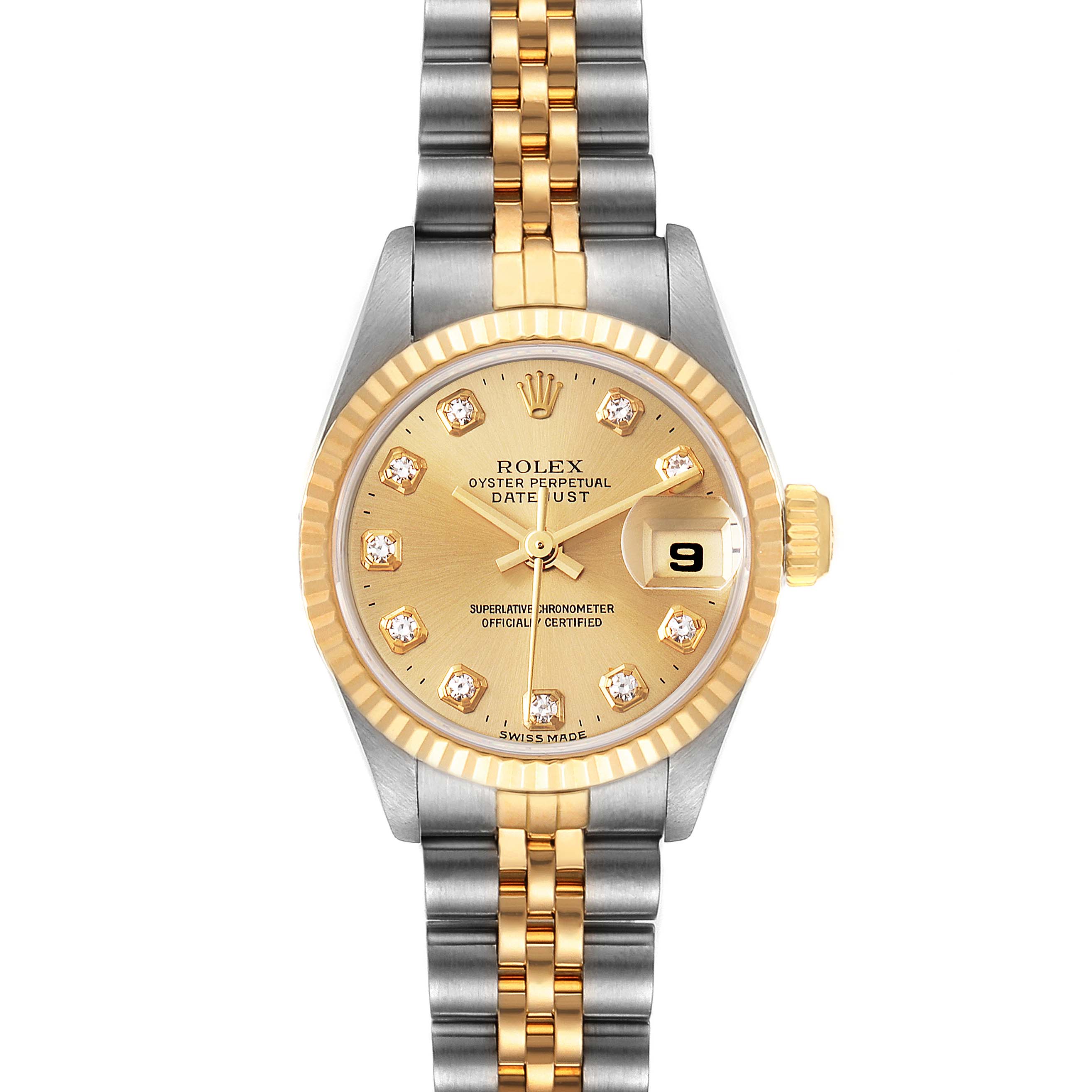 The image shows a full frontal view of a Rolex Datejust 69173 Women
s Steel and Gold (two tone) Champagne Dial 69173 Women
s Steel and Gold (two tone) Champagne Dial watch, highlighting its face, bezel, and bracelet.