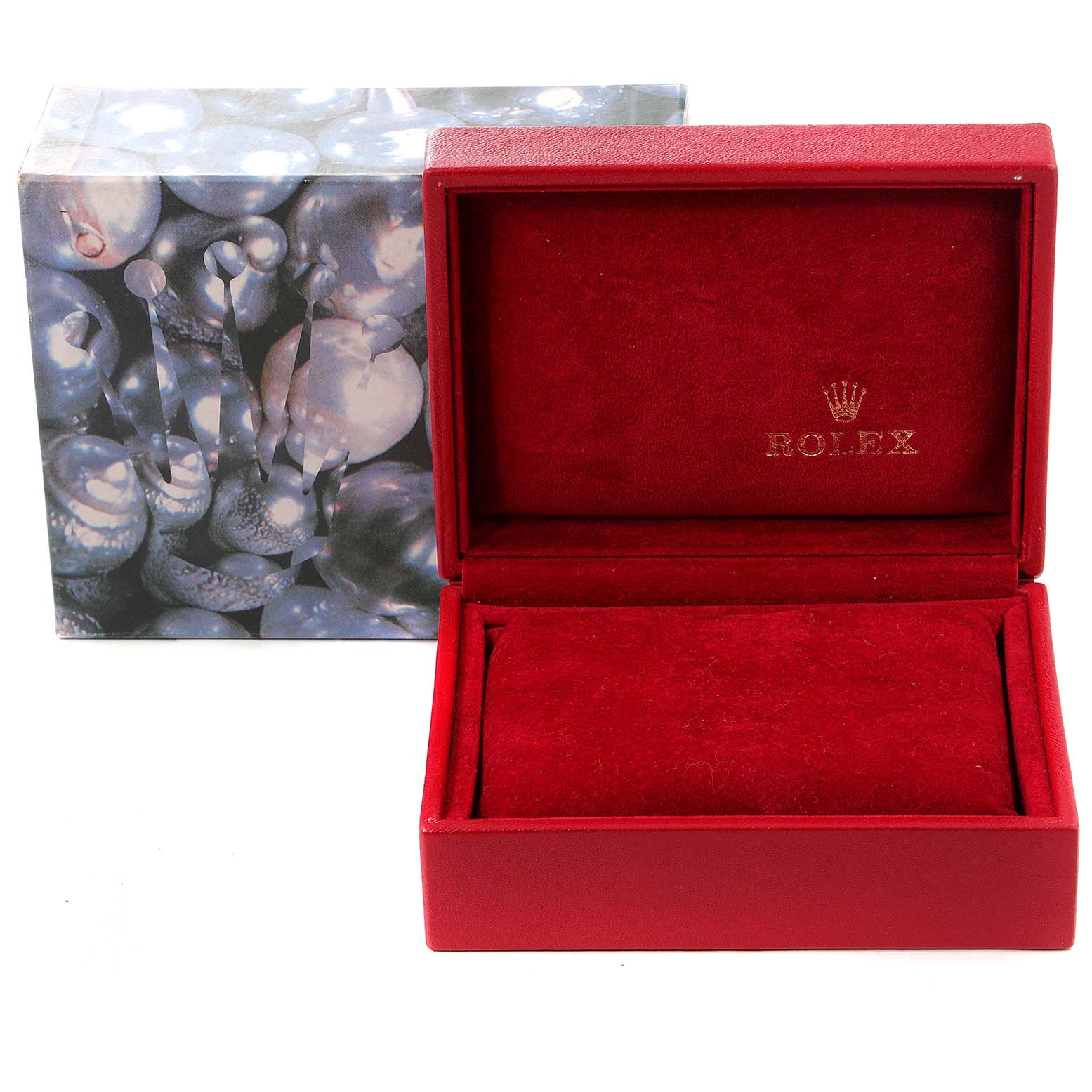 The image shows a Rolex Datejust 69173 Women
s Steel and Gold (two tone) Champagne Dial 69173 Women
s Steel and Gold (two tone) Champagne Dial watch box, open with a red interior, next to its decorative outer box.