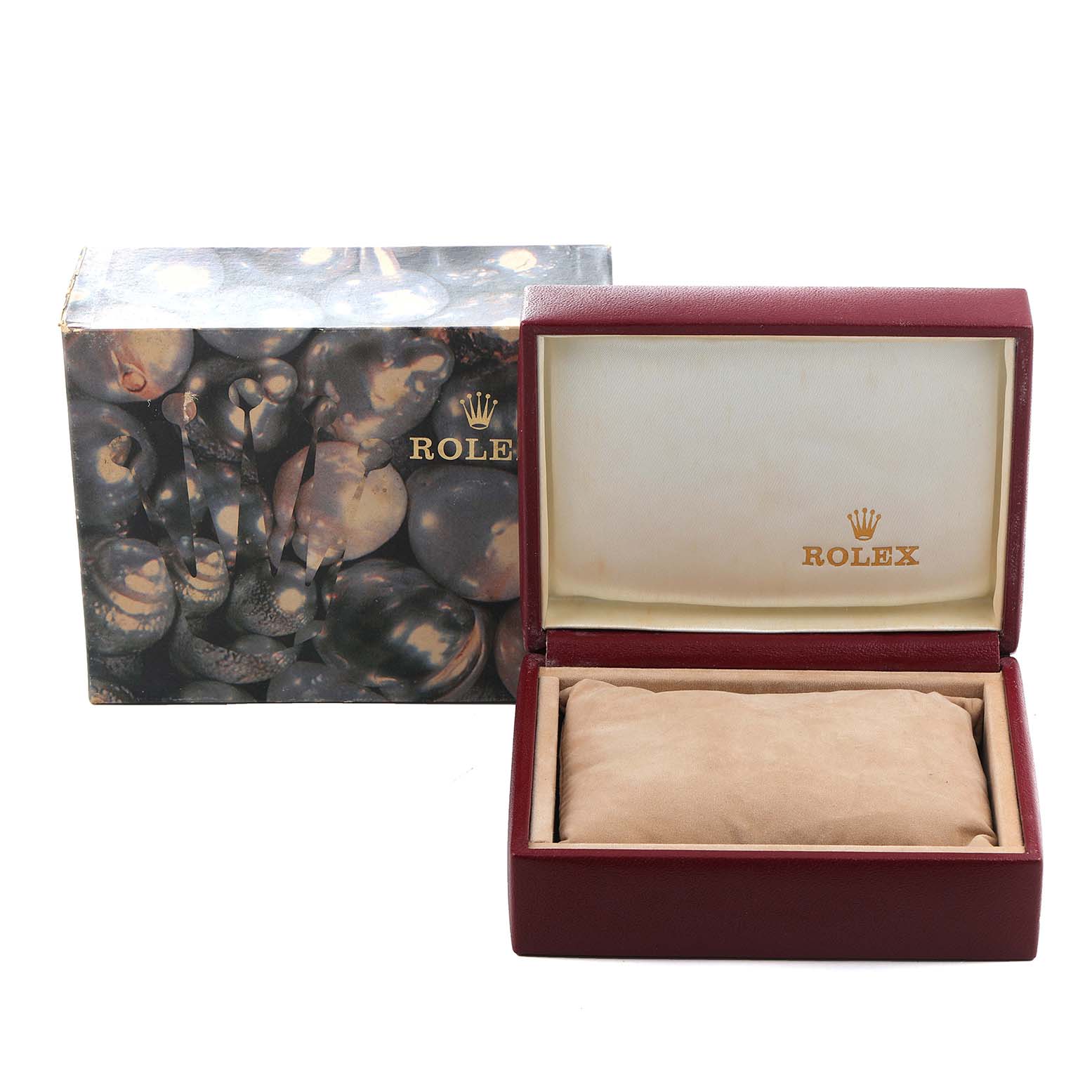 This image shows the open box and outer packaging of a Rolex Datejust 40895 Women
s Steel and Gold (two tone) Champagne Dial 40895 Women
s Steel and Gold (two tone) Champagne Dial watch.