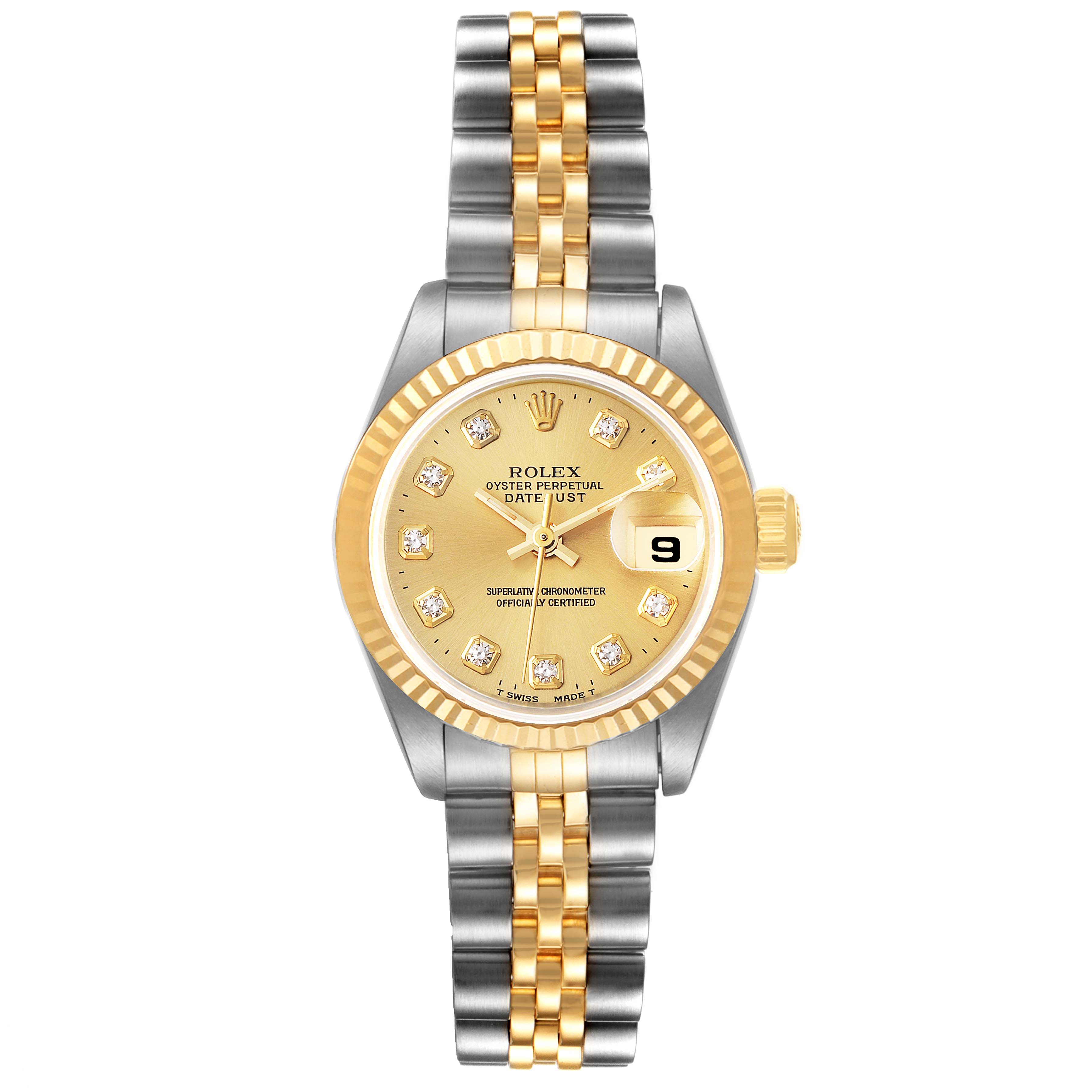 The Rolex Datejust 40895 Women
s Steel and Gold (two tone) Champagne Dial 40895 Women
s Steel and Gold (two tone) Champagne Dial watch is shown from a top-down angle, displaying the dial, bezel, and bracelet.
