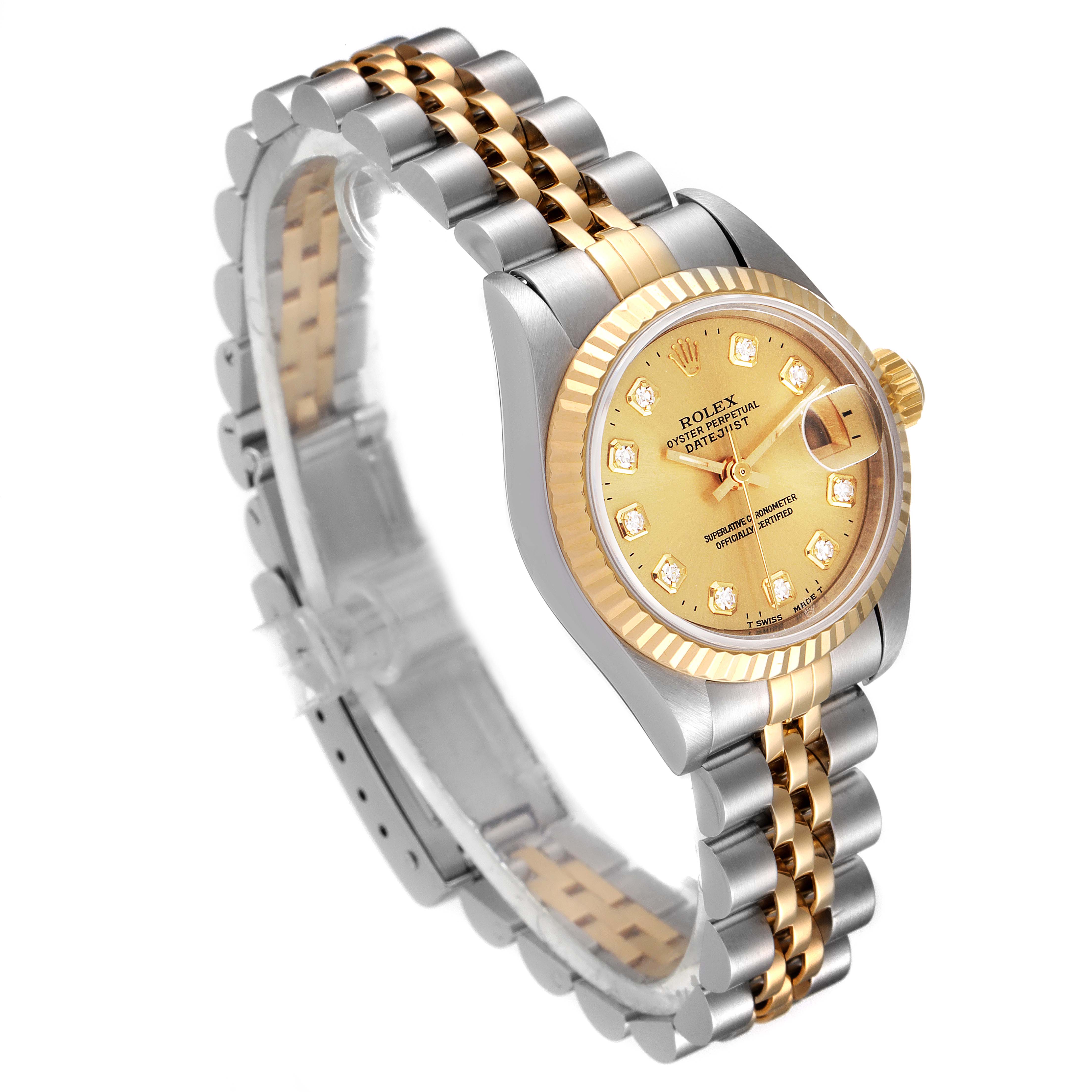 The image shows a side-angle view of a Rolex Datejust 40895 Women
s Steel and Gold (two tone) Champagne Dial 40895 Women
s Steel and Gold (two tone) Champagne Dial watch, highlighting its two-tone bracelet and golden dial.