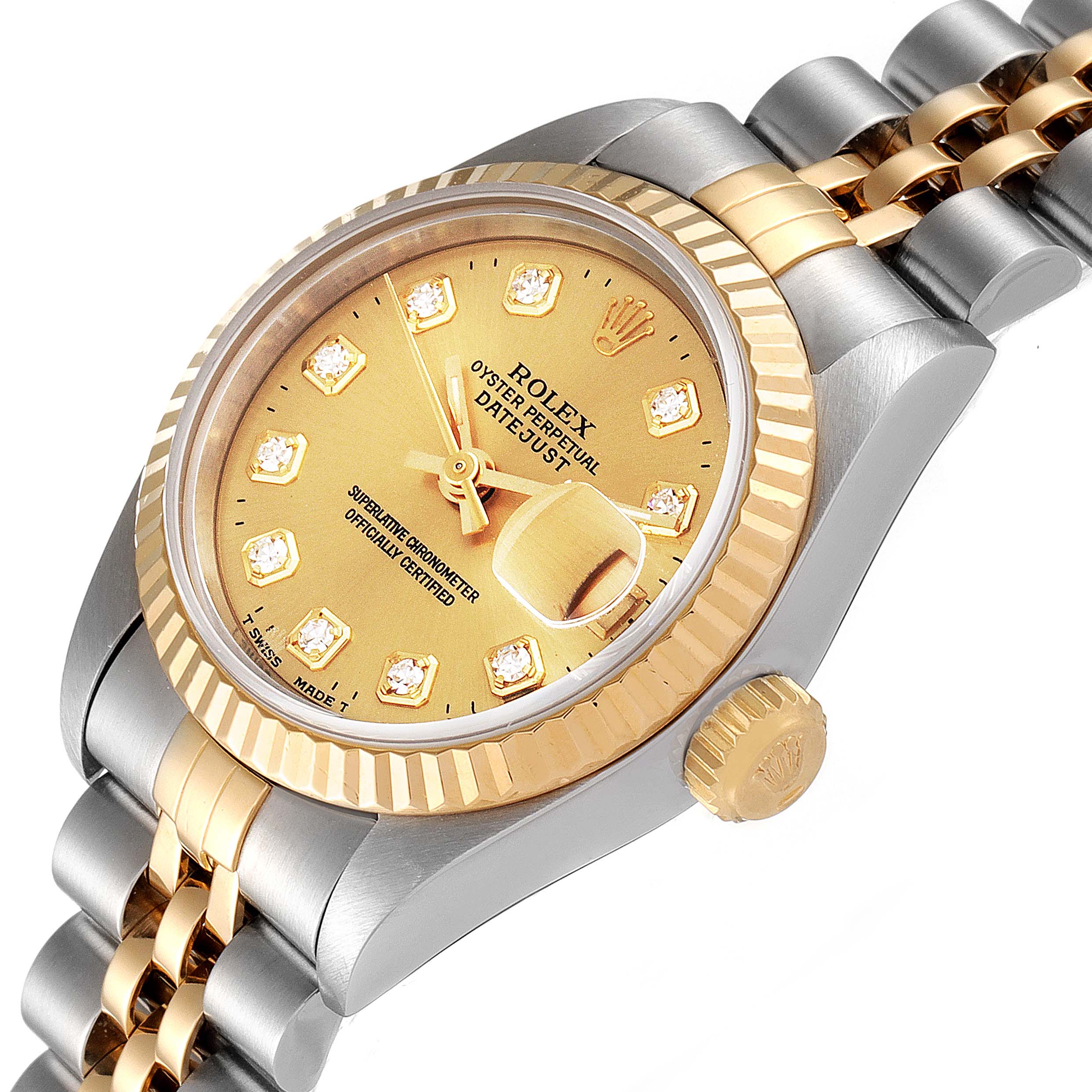 The image shows a Rolex Datejust 40895 Women
s Steel and Gold (two tone) Champagne Dial 40895 Women
s Steel and Gold (two tone) Champagne Dial watch at an angled side view, highlighting the gold dial, fluted bezel, and two-tone bracelet.