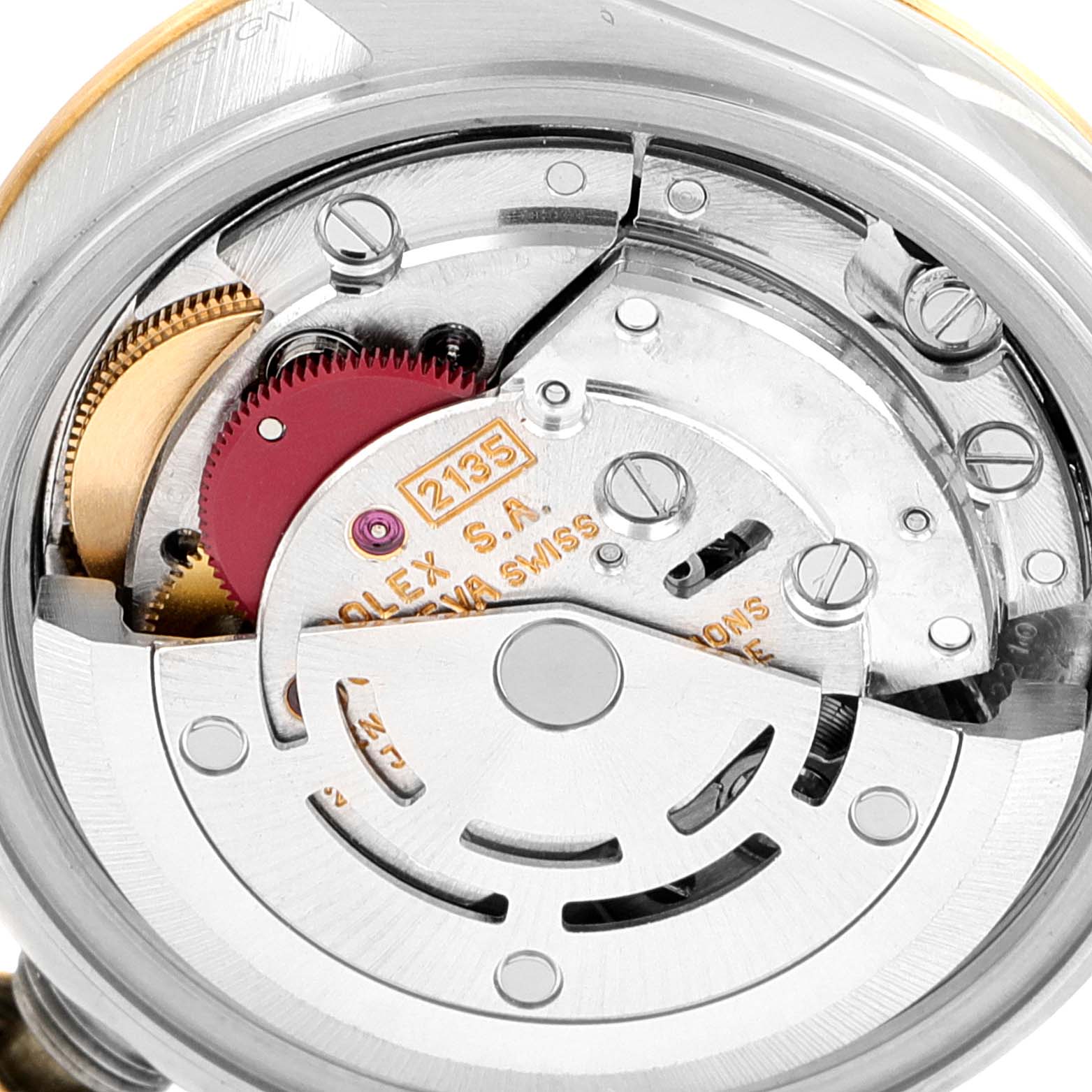 This image shows the internal mechanical movement of a Rolex Datejust 40895 Women
s Steel and Gold (two tone) Champagne Dial 40895 Women
s Steel and Gold (two tone) Champagne Dial watch viewed from the back.