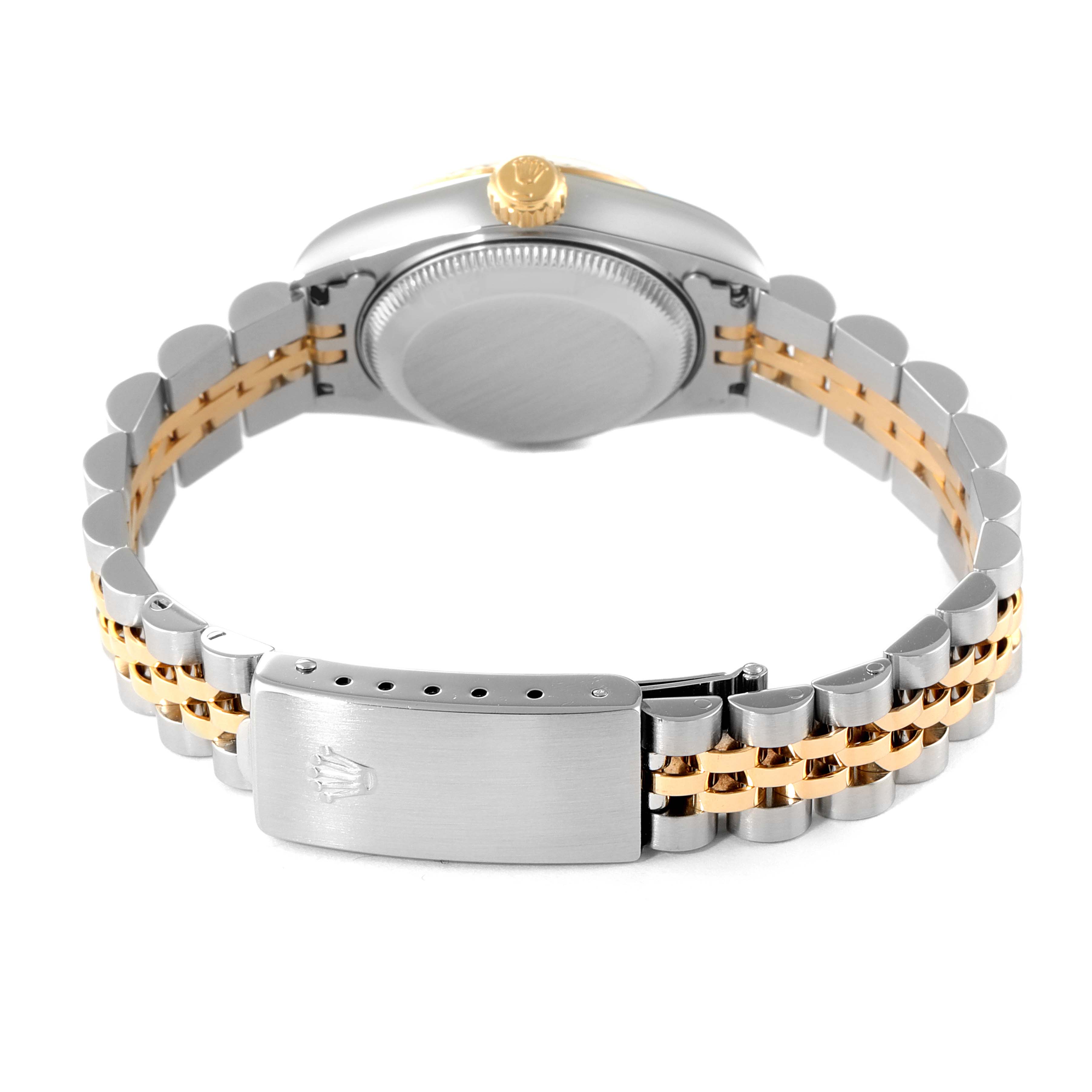 The image shows the back and band of a Rolex Datejust 40895 Women
s Steel and Gold (two tone) Champagne Dial 40895 Women
s Steel and Gold (two tone) Champagne Dial watch, highlighting its two-tone metal design and clasp.