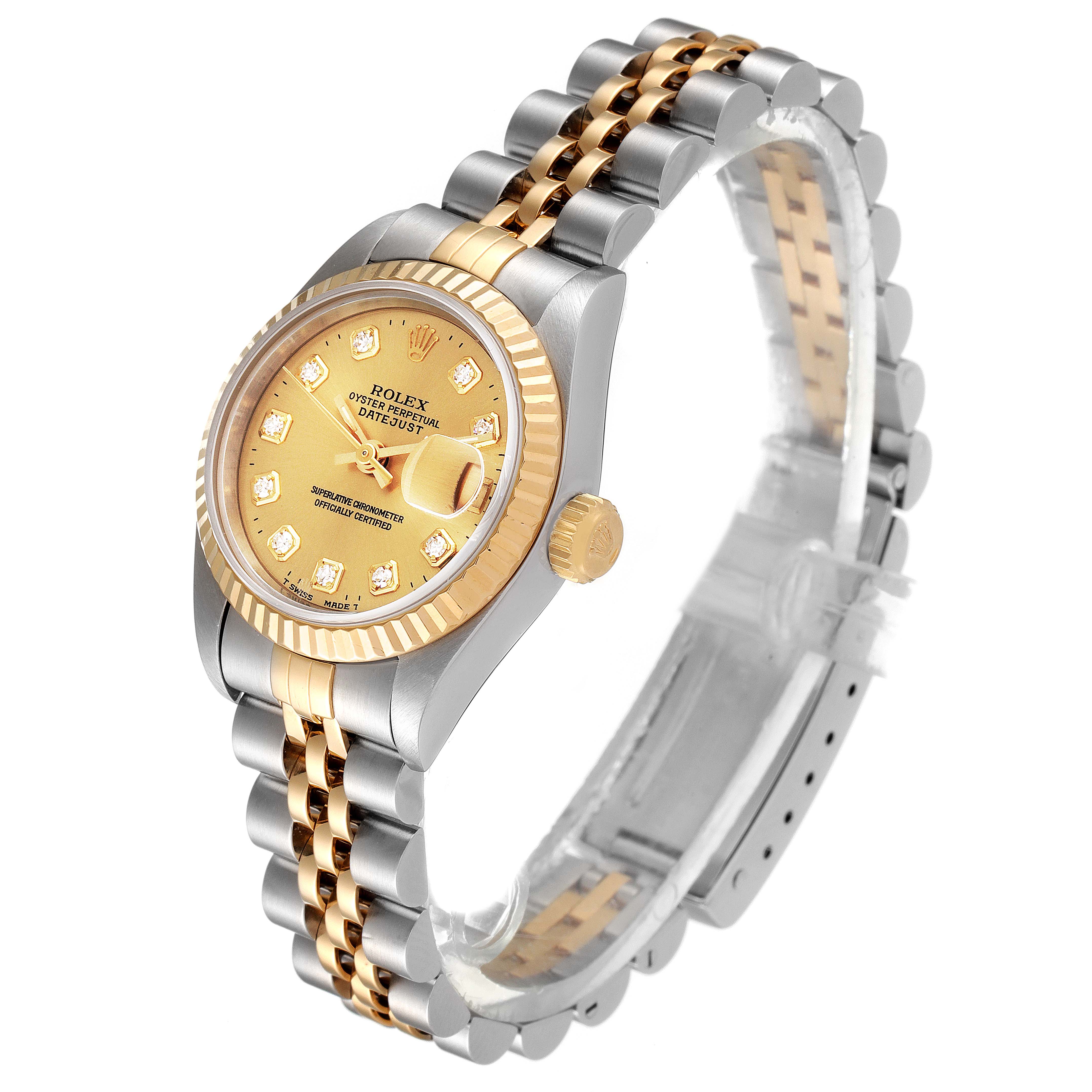 The Rolex Datejust 40895 Women
s Steel and Gold (two tone) Champagne Dial 40895 Women
s Steel and Gold (two tone) Champagne Dial watch is shown at an oblique angle, highlighting the face, bezel, and two-tone bracelet.