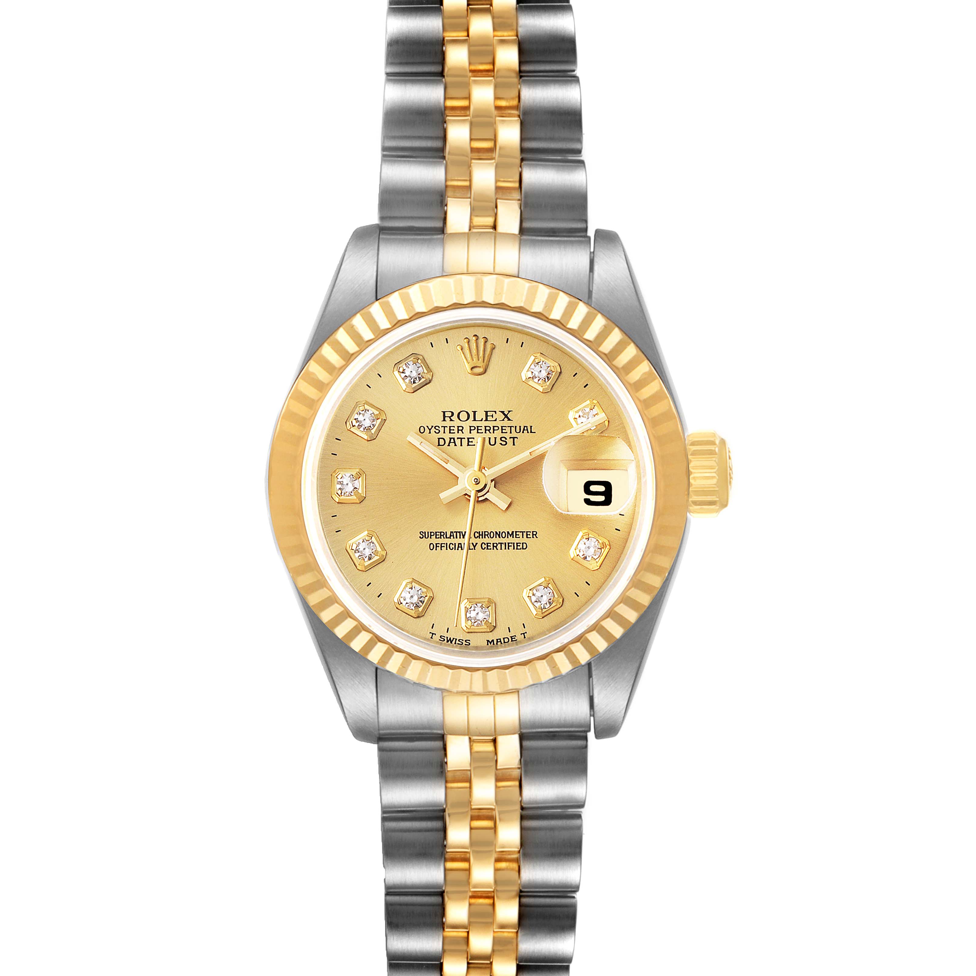 The image shows a front view of a Rolex Datejust 40895 Women
s Steel and Gold (two tone) Champagne Dial 40895 Women
s Steel and Gold (two tone) Champagne Dial watch, highlighting the gold dial, diamond hour markers, and two-tone bracelet.