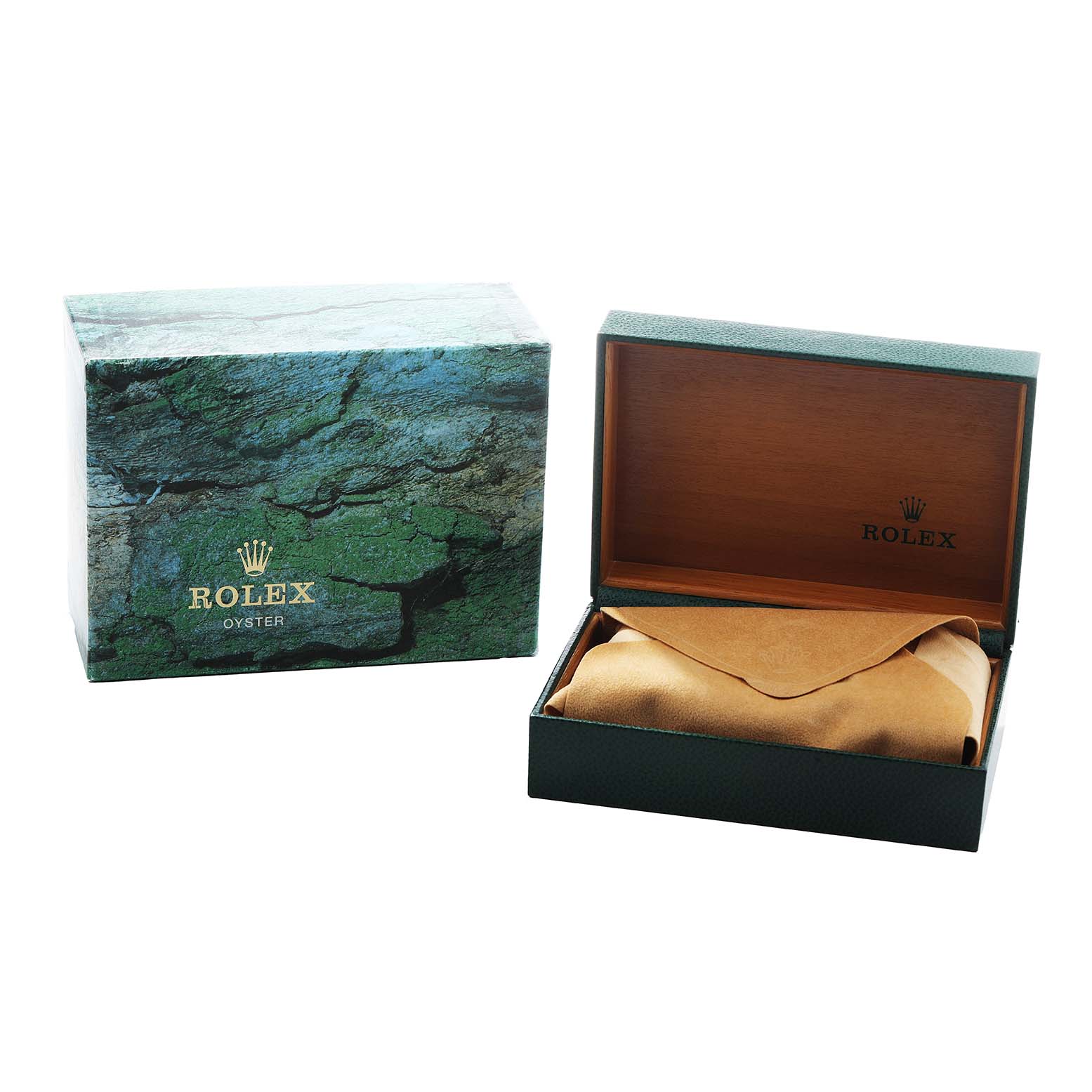The image shows a Rolex Mid-Size 68240 Women's Stainless Steel White Dial model box and packaging, with an outer box and inner presentation case partially open.