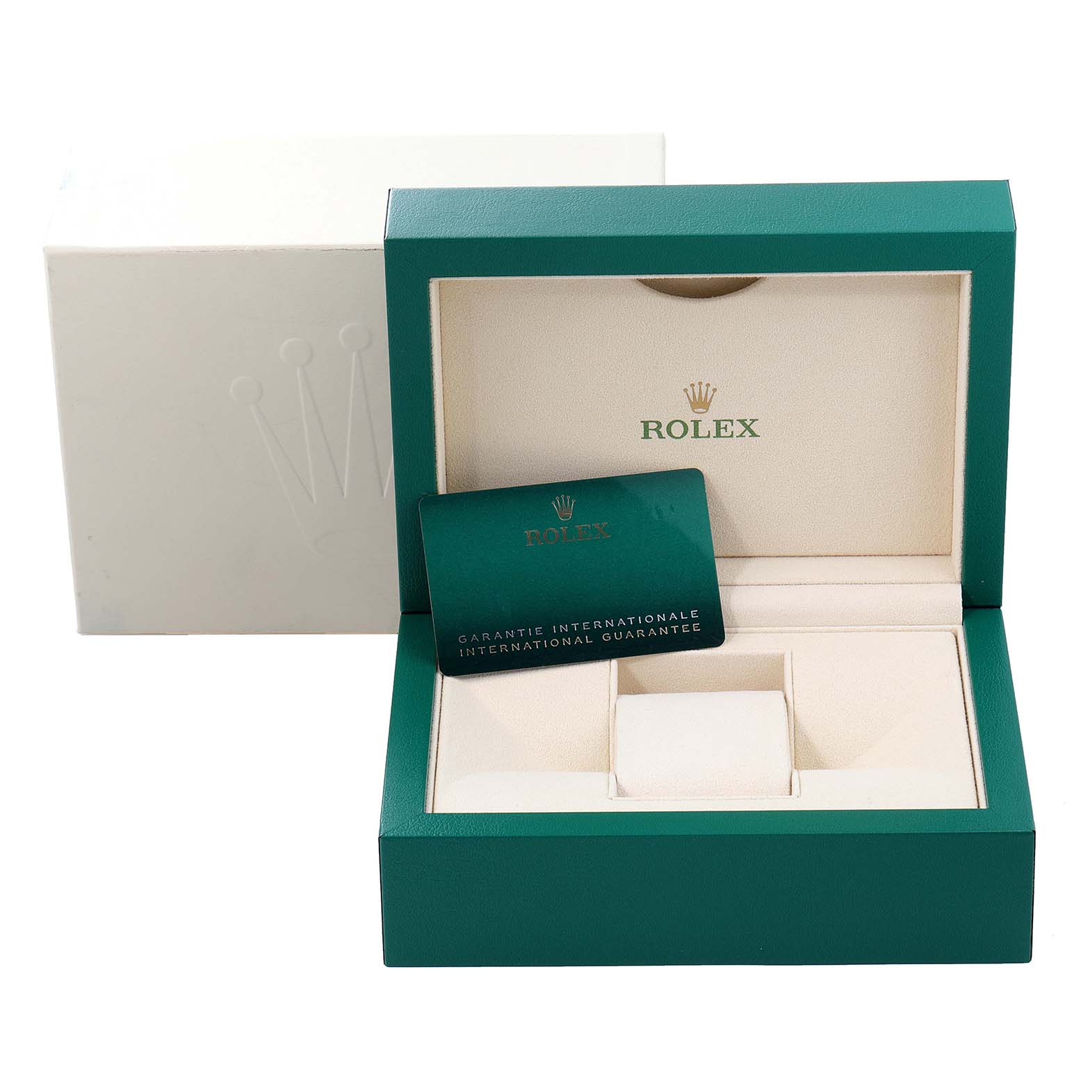 The image shows the packaging and guarantee card for a Rolex Datejust 126281 Men's Steel and Gold (two tone) Silver Dial 126281 Men's Steel and Gold (two tone) Silver Dial watch.