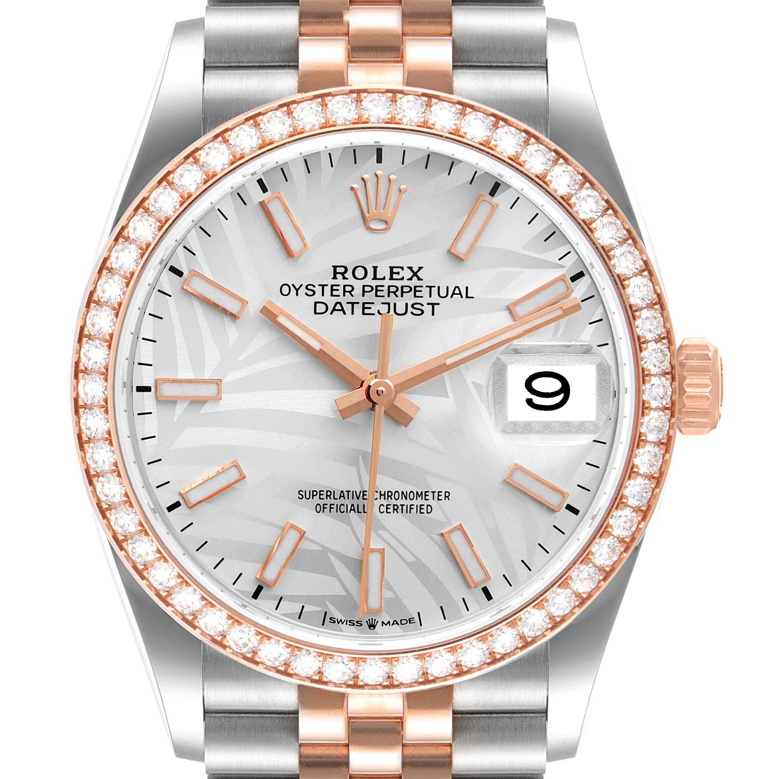 This image shows a close-up, front-facing view of a Rolex Datejust 126281 Men's Steel and Gold (two tone) Silver Dial 126281 Men's Steel and Gold (two tone) Silver Dial watch, highlighting the dial, hands, and diamond bezel.