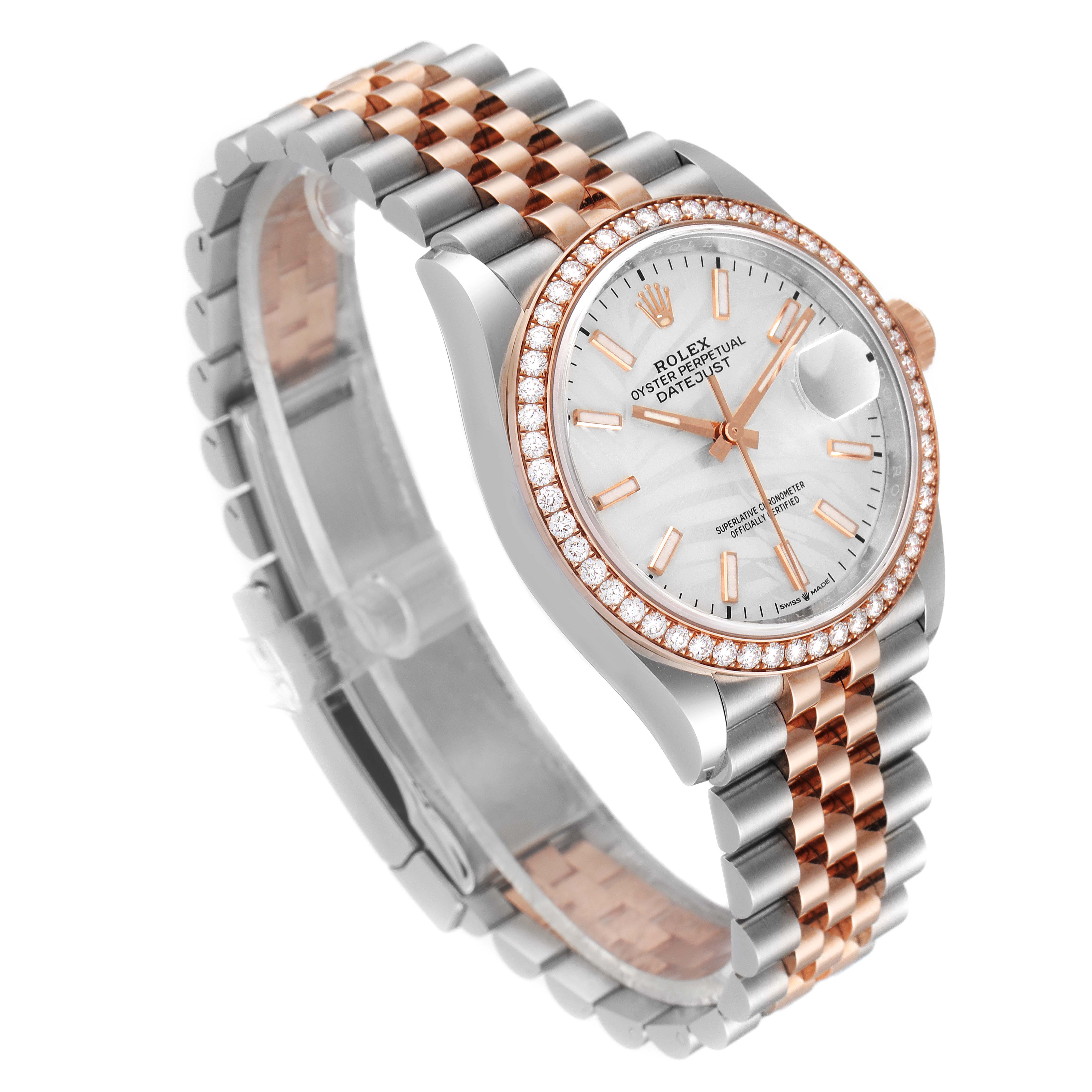 This image shows a Rolex Datejust 126281 Men's Steel and Gold (two tone) Silver Dial 126281 Men's Steel and Gold (two tone) Silver Dial watch at a three-quarter angle, highlighting its two-tone bracelet, bezel, and dial.