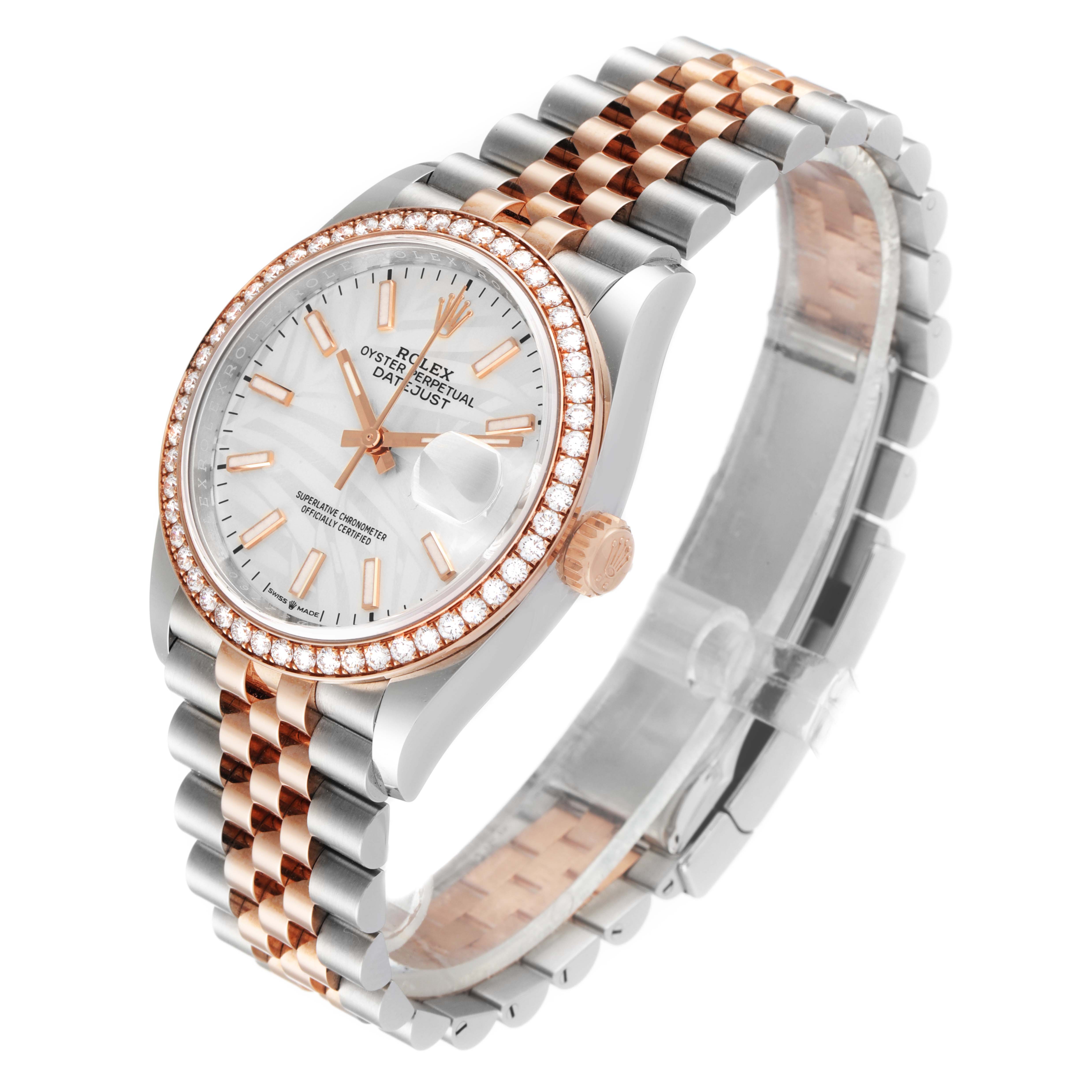 The image shows a Rolex Datejust 126281 Men's Steel and Gold (two tone) Silver Dial 126281 Men's Steel and Gold (two tone) Silver Dial watch angled to highlight the face, bezel, and two-tone bracelet.