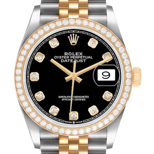 This Rolex Datejust 126283 Men's Steel and Gold (two tone) Black Dial watch is shown from the front, highlighting the dial, bezel, date, and part of the bracelet.