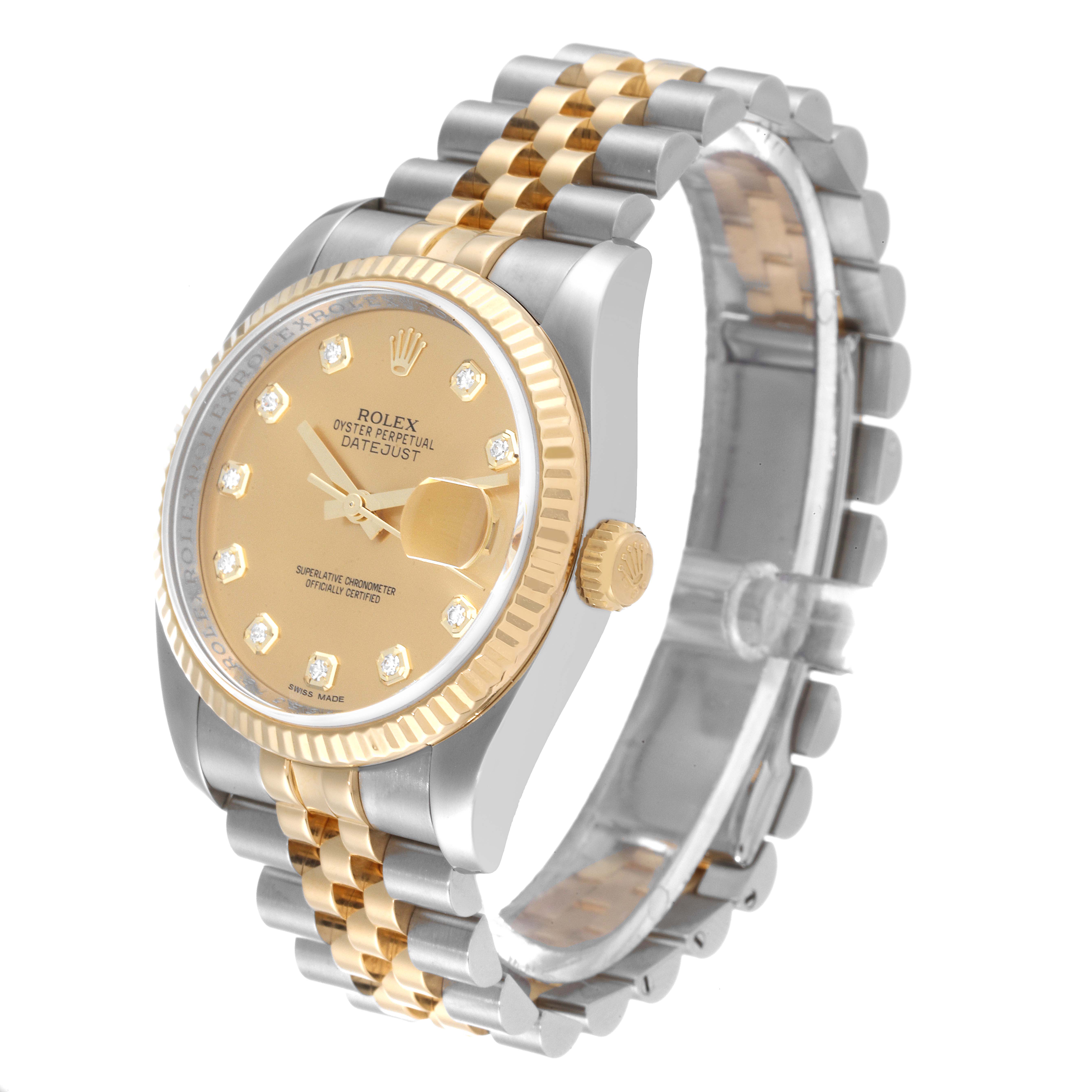 The image shows a Rolex Datejust 116233 Men's Steel and Gold (two tone) Champagne Dial 116233 Men's Steel and Gold (two tone) Champagne Dial watch at an angle displaying its face, bezel, crown, and two-tone bracelet.