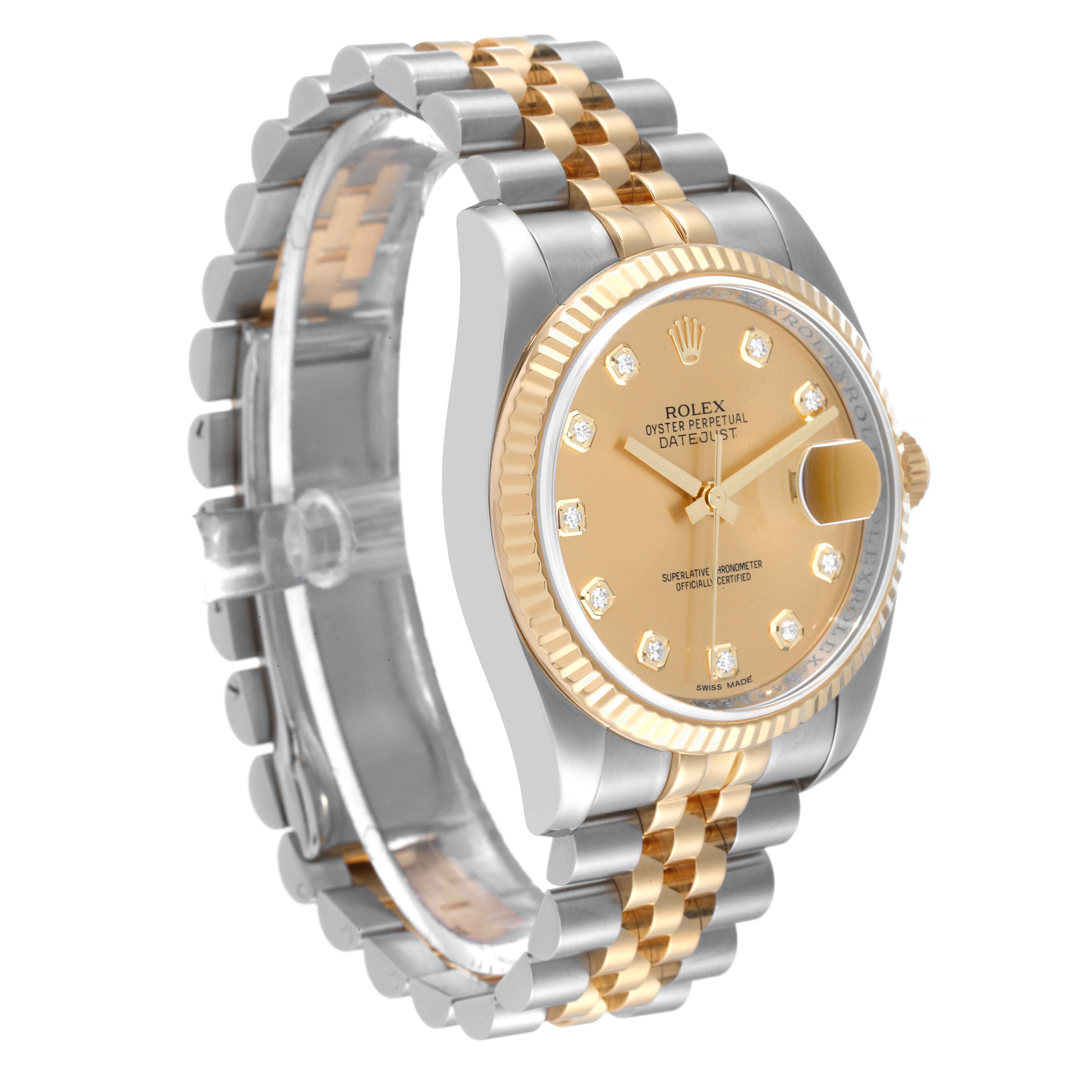 The image shows a Rolex Datejust 116233 Men's Steel and Gold (two tone) Champagne Dial 116233 Men's Steel and Gold (two tone) Champagne Dial watch at a three-quarter angle, highlighting its face, bezel, and bracelet.