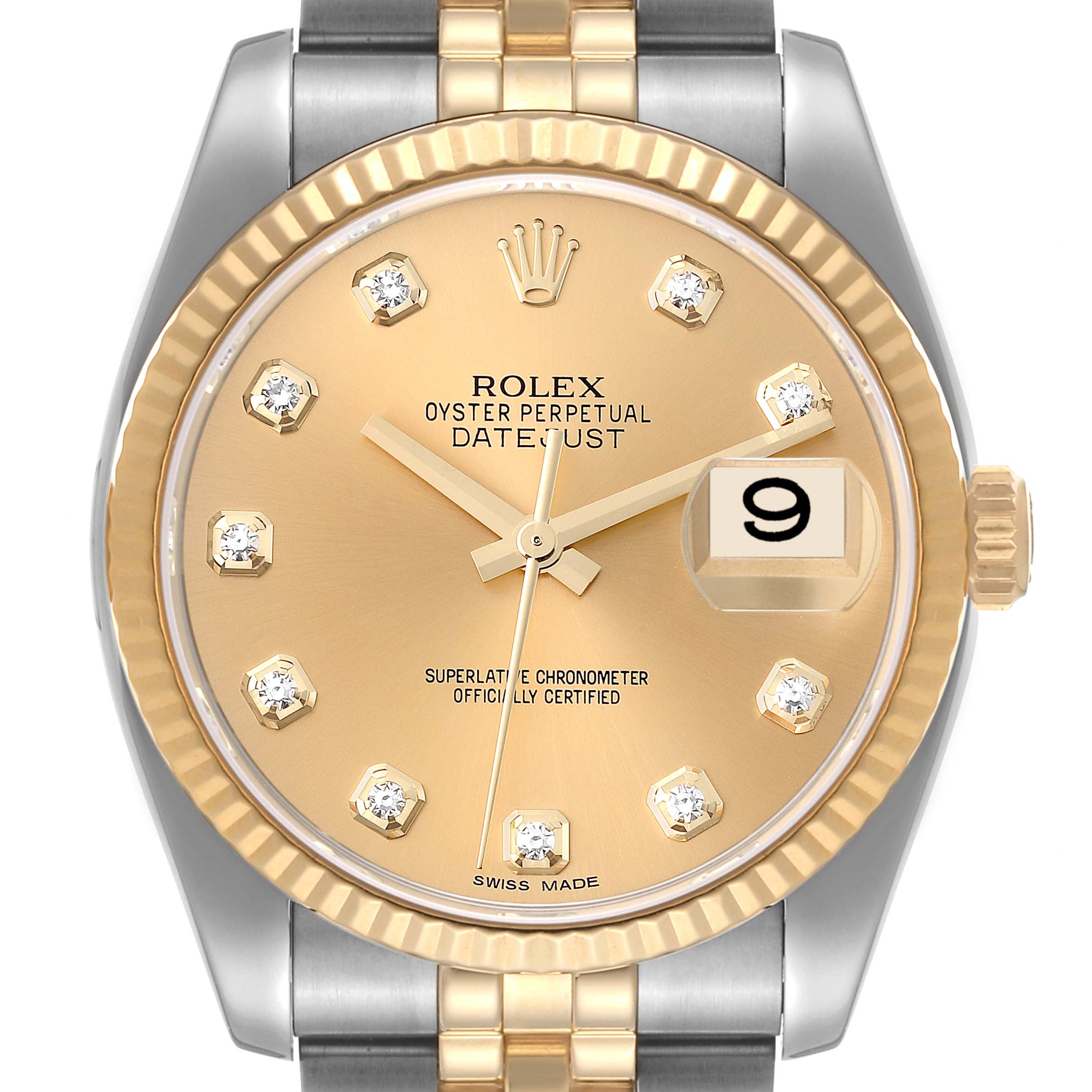 This image shows a Rolex Datejust 116233 Men's Steel and Gold (two tone) Champagne Dial 116233 Men's Steel and Gold (two tone) Champagne Dial watch face from the front, highlighting the gold dial, diamond hour markers, and date window.