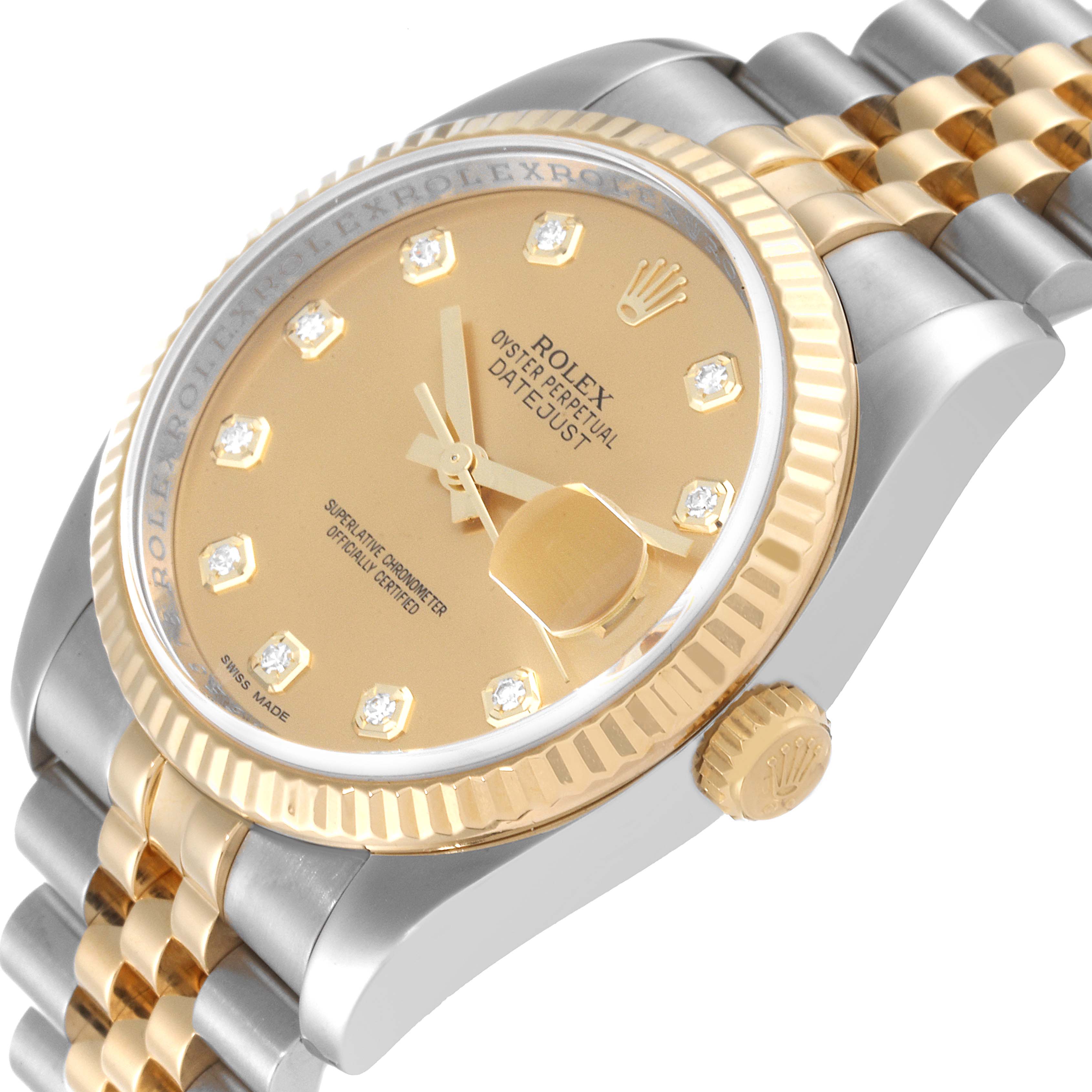 The image shows a close-up angled view of the Rolex Datejust 116233 Men's Steel and Gold (two tone) Champagne Dial 116233 Men's Steel and Gold (two tone) Champagne Dial's dial, crown, bezel, and part of its metal bracelet.
