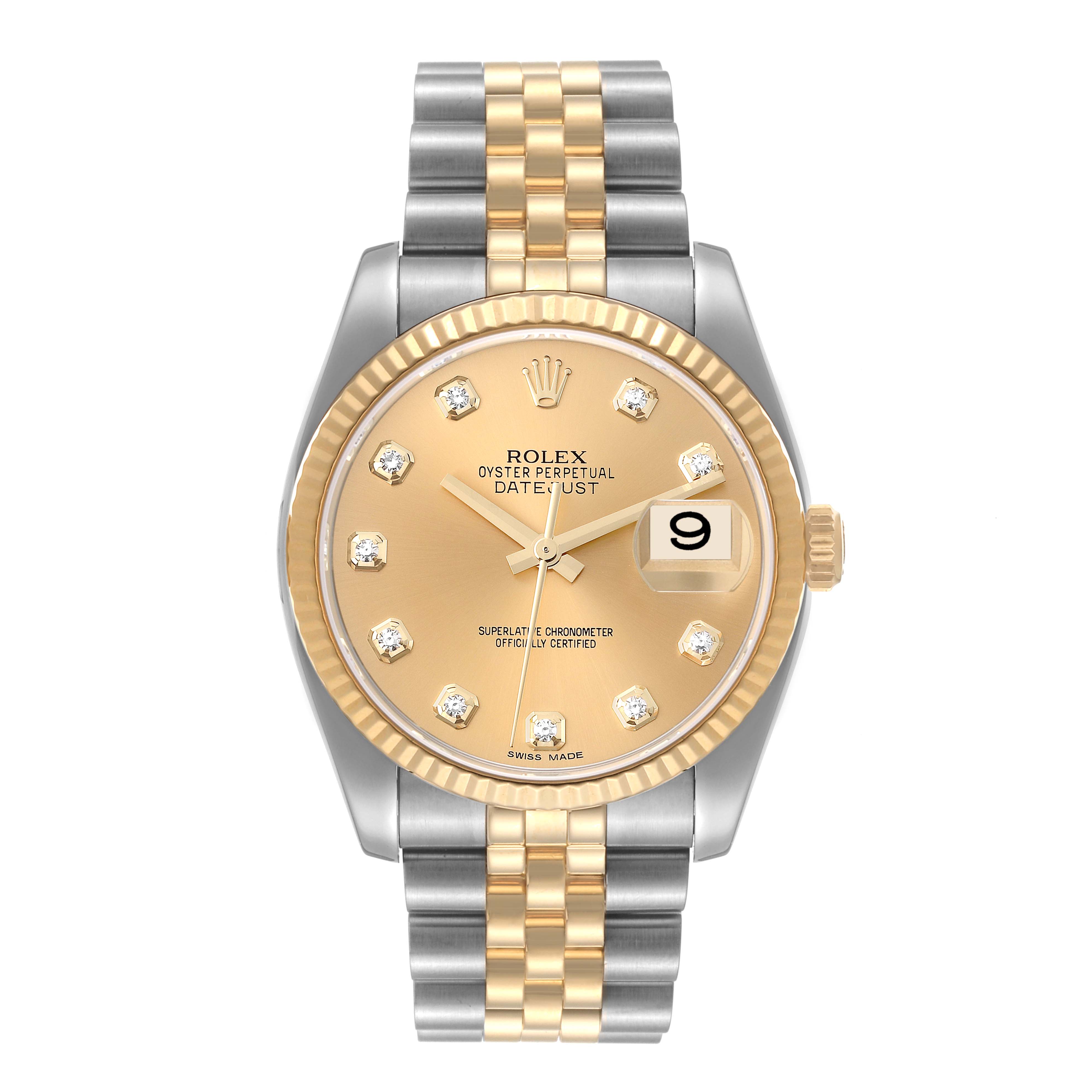 This image shows the front view of a Rolex Datejust 116233 Men's Steel and Gold (two tone) Champagne Dial 116233 Men's Steel and Gold (two tone) Champagne Dial watch, displaying its dial, bezel, and bracelet with date window visible.