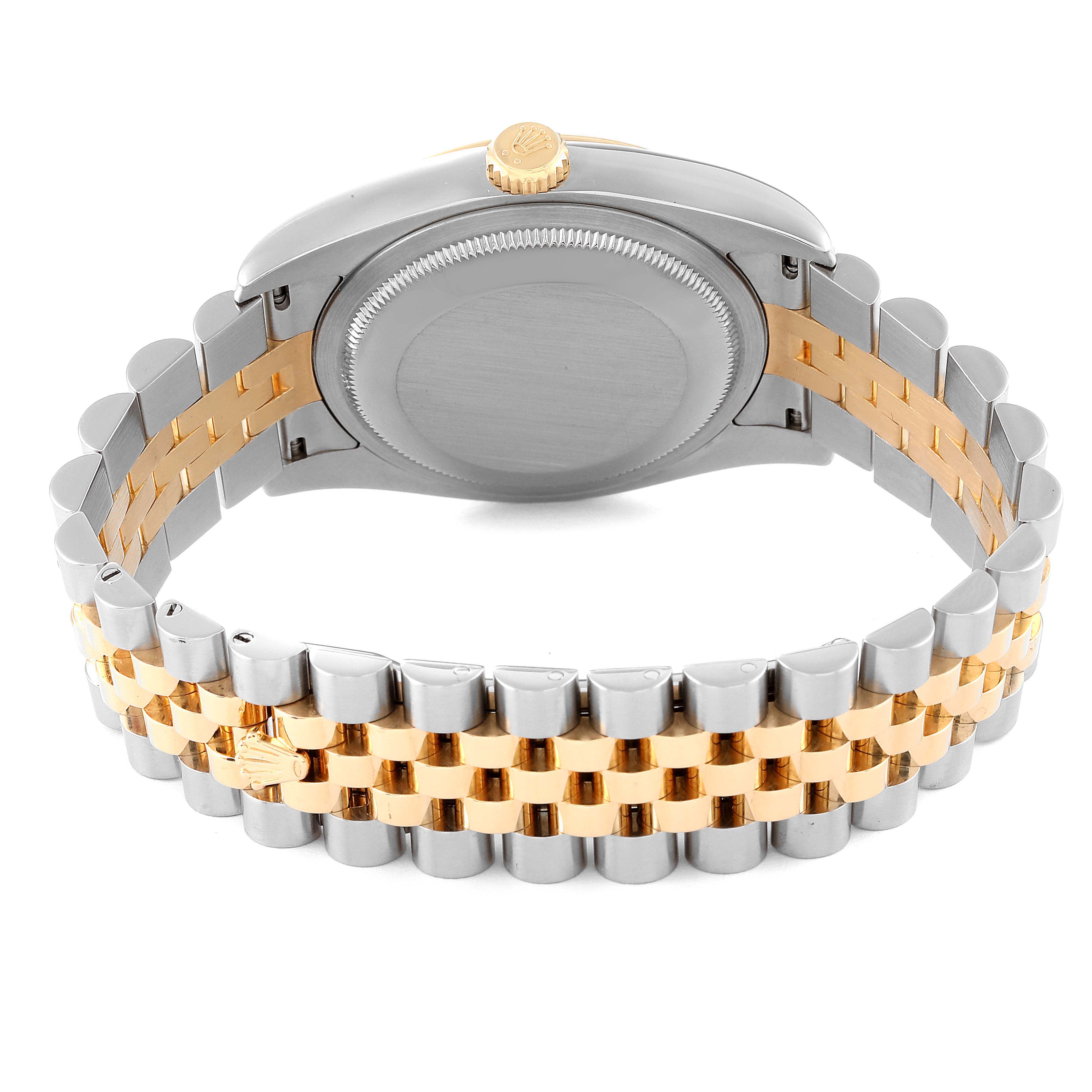 This image shows the back case and jubilee bracelet of a Rolex Datejust 116233 Men's Steel and Gold (two tone) Champagne Dial 116233 Men's Steel and Gold (two tone) Champagne Dial watch, displaying a two-tone design.