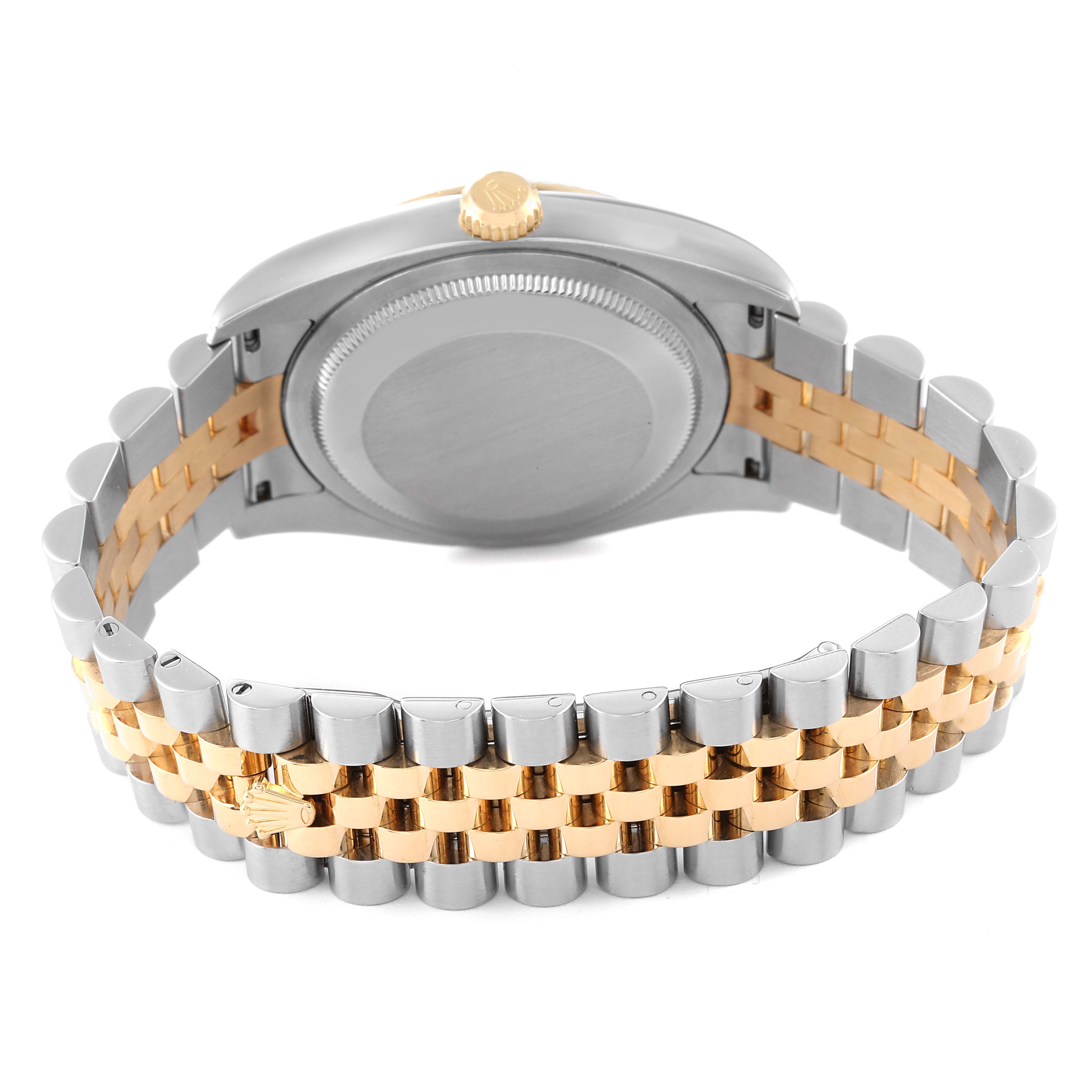 This image shows the back of the Rolex Datejust 116233 Men's Steel and Gold (two tone) White Dial 116233 Men's Steel and Gold (two tone) White Dial watch, highlighting the case back and the bi-color metal bracelet.