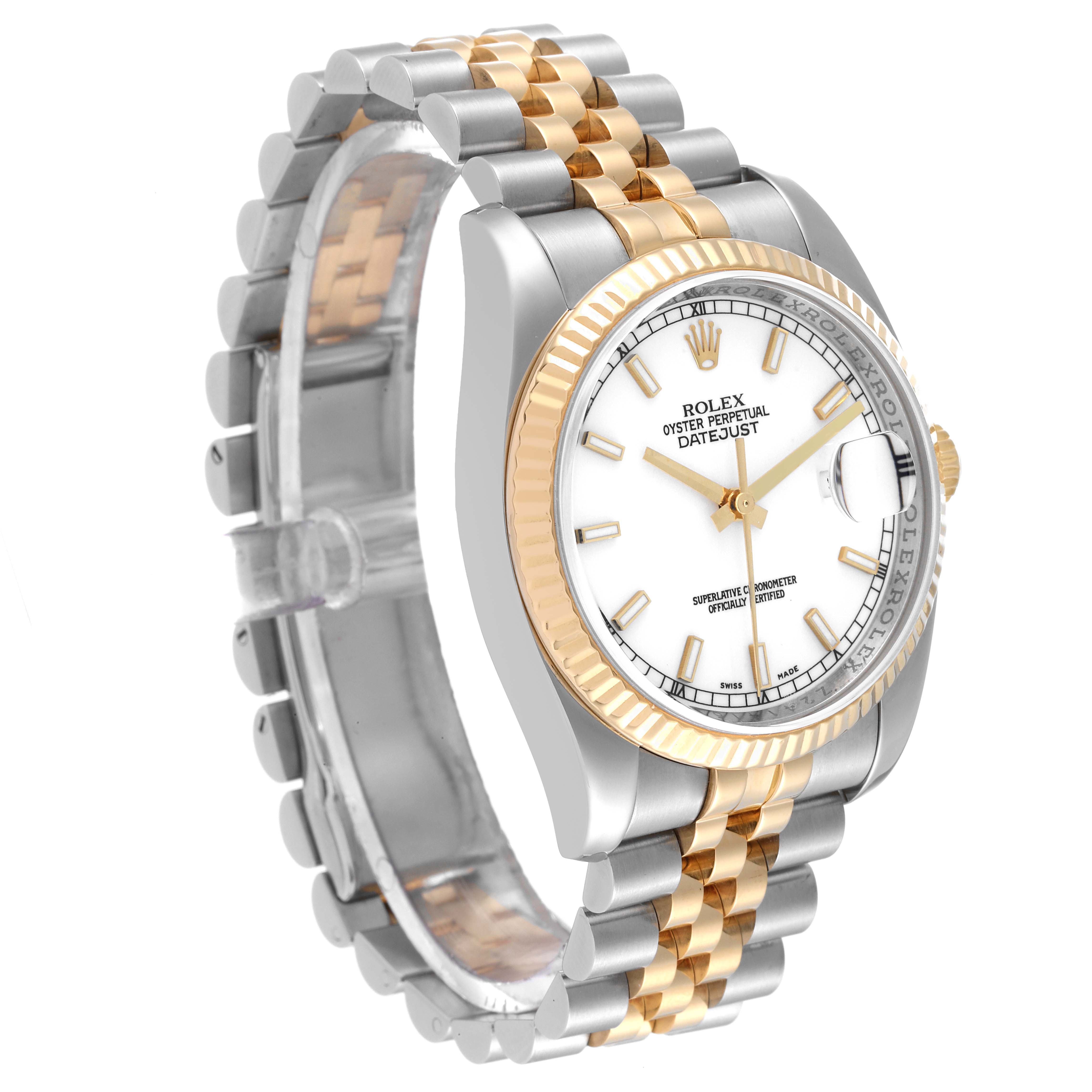The image shows a Rolex Datejust 116233 Men's Steel and Gold (two tone) White Dial 116233 Men's Steel and Gold (two tone) White Dial watch at an angle highlighting its white dial, gold fluted bezel, and two-tone bracelet.
