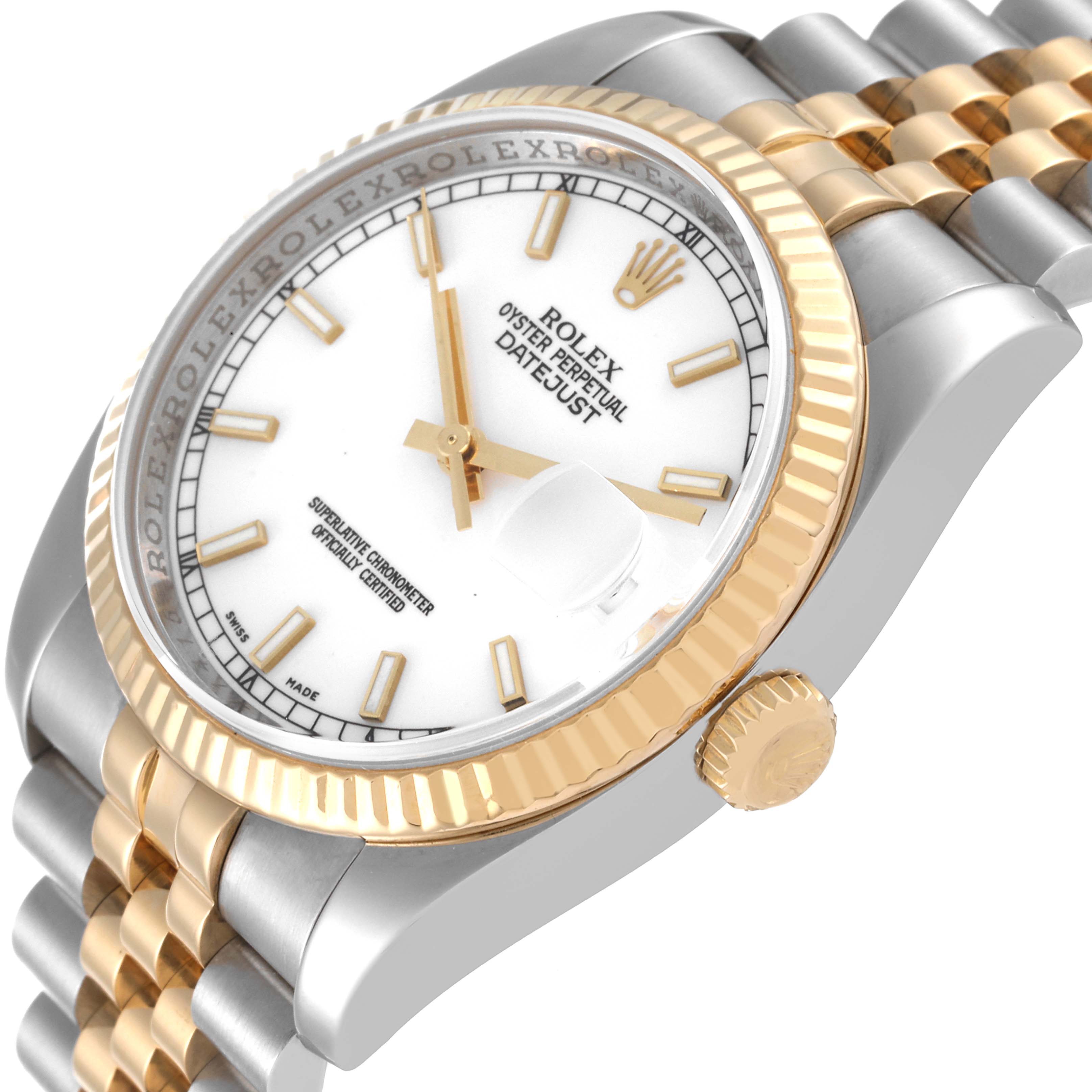 The image shows a side view of a Rolex Datejust 116233 Men's Steel and Gold (two tone) White Dial 116233 Men's Steel and Gold (two tone) White Dial watch highlighting its bezel, dial, crown, and part of its bracelet.