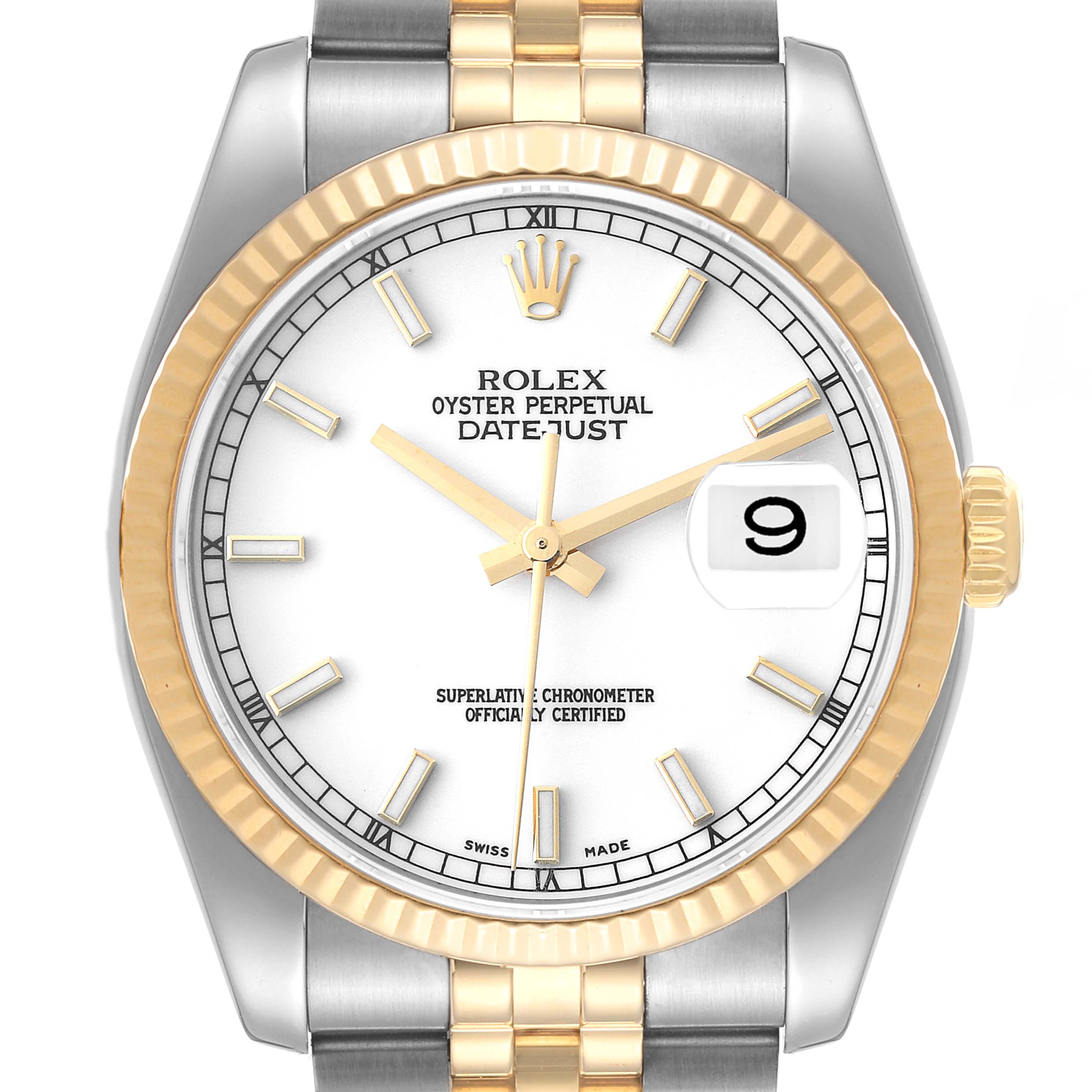 This image shows a frontal view of the Rolex Datejust 116233 Men's Steel and Gold (two tone) White Dial 116233 Men's Steel and Gold (two tone) White Dial watch, highlighting its white dial, gold fluted bezel, and two-tone bracelet.