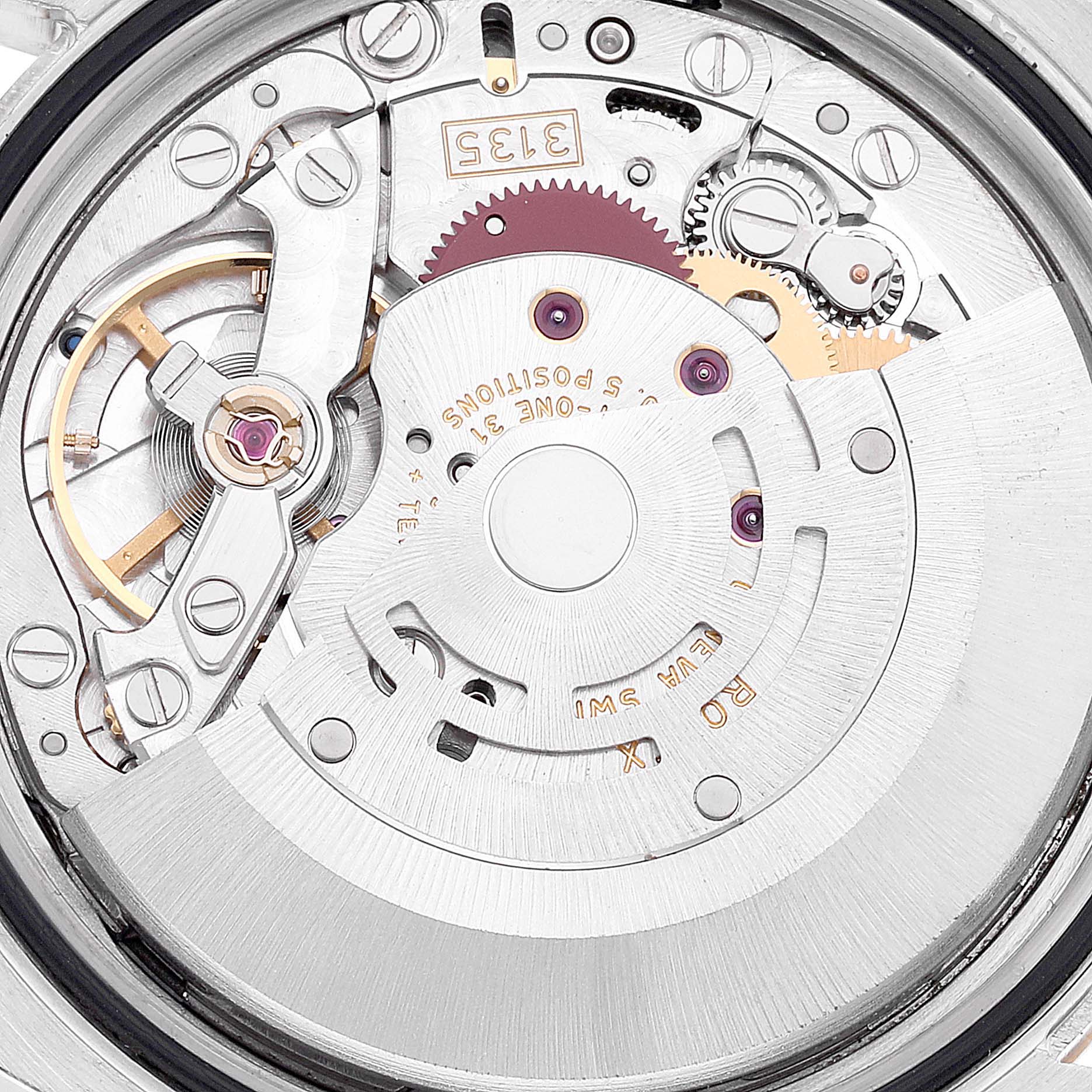 This image shows a close-up of the movement mechanism inside a Rolex Datejust 116233 Men's Steel and Gold (two tone) White Dial 116233 Men's Steel and Gold (two tone) White Dial watch.