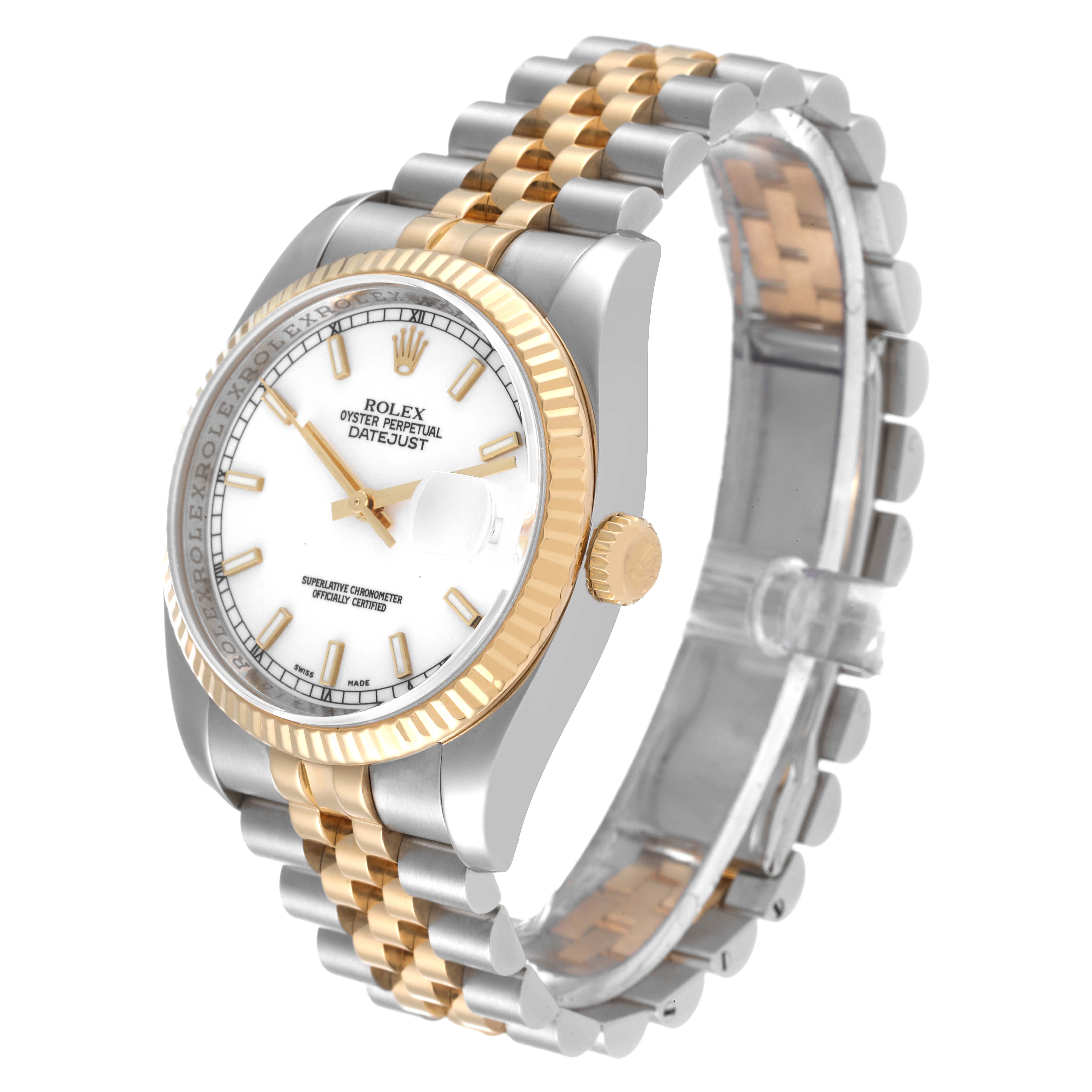 This is a side view of a Rolex Datejust 116233 Men's Steel and Gold (two tone) White Dial 116233 Men's Steel and Gold (two tone) White Dial watch showcasing its two-tone bracelet, fluted bezel, and white dial.