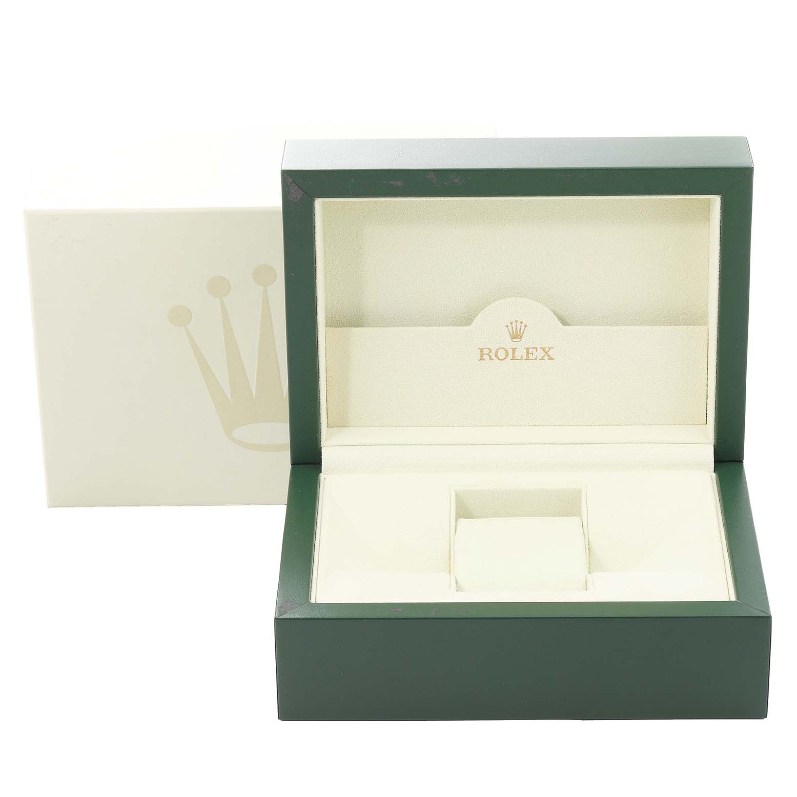This image shows an open green and cream-colored display box for the Rolex Datejust 116233 Men's Steel and Gold (two tone) White Dial 116233 Men's Steel and Gold (two tone) White Dial watch.