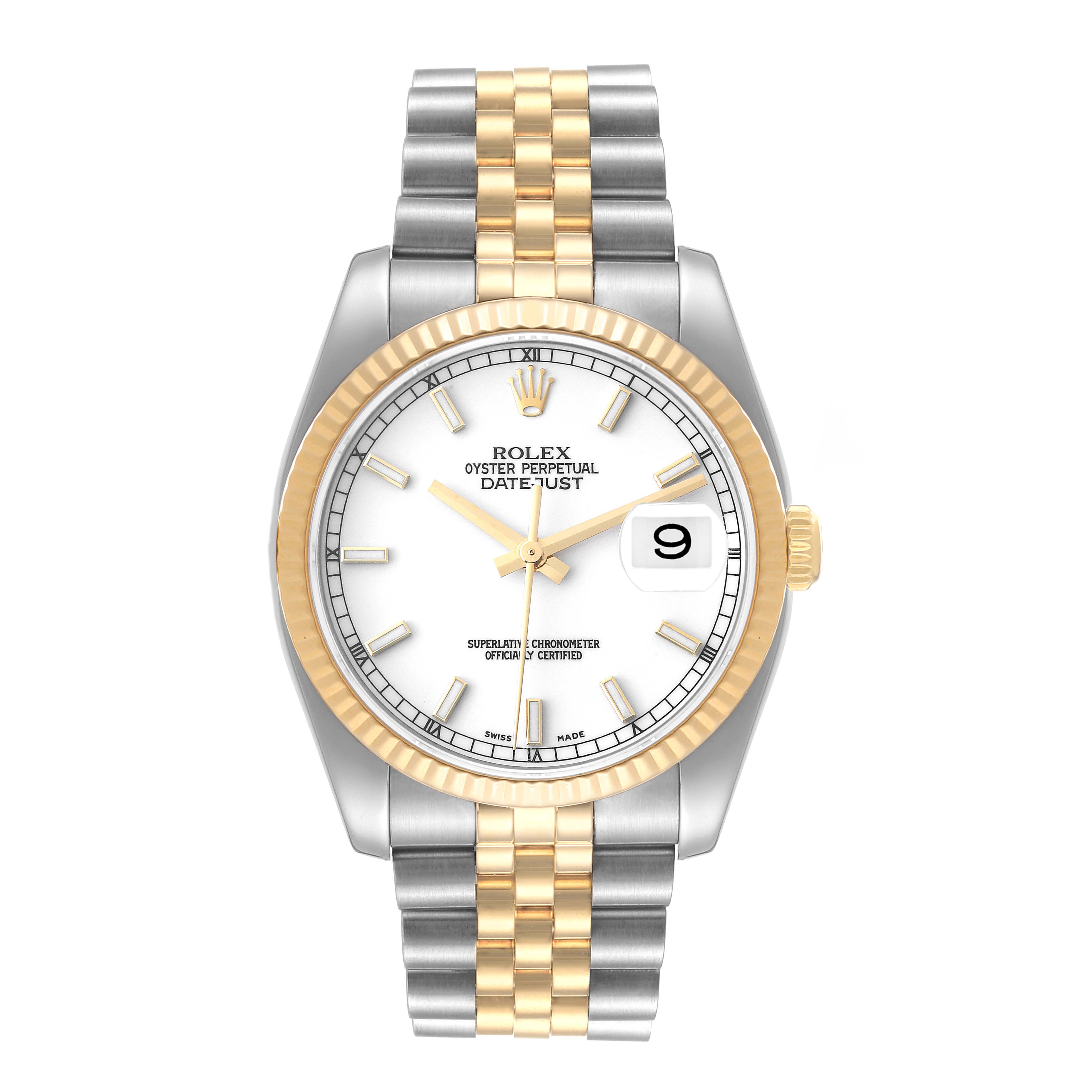The Rolex Datejust 116233 Men's Steel and Gold (two tone) White Dial 116233 Men's Steel and Gold (two tone) White Dial watch is shown from a front angle, displaying its dial, bezel, hands, and part of its bracelet.