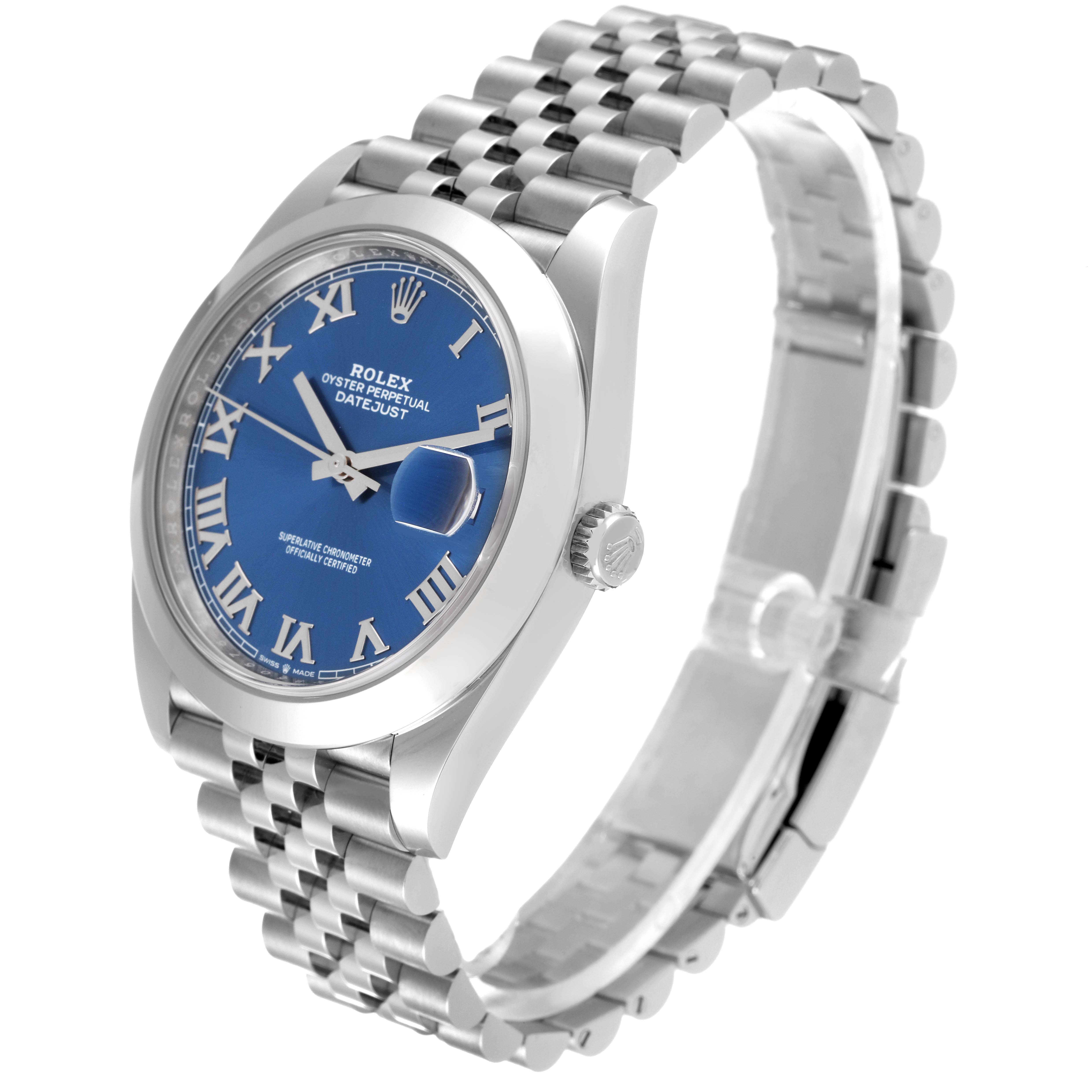 The Rolex Datejust 41 126300 Men's Stainless Steel Blue Dial 126300 Men's Stainless Steel Blue Dial watch is shown at a three-quarter angle, displaying its blue dial, case, crown, and bracelet.