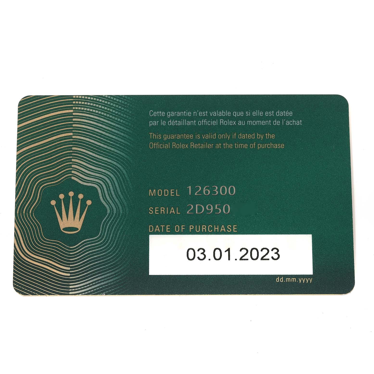 The image shows the warranty card for a Rolex Datejust 41 126300 Men's Stainless Steel Blue Dial 126300 Men's Stainless Steel Blue Dial model, displaying the model number, serial number, and purchase date.