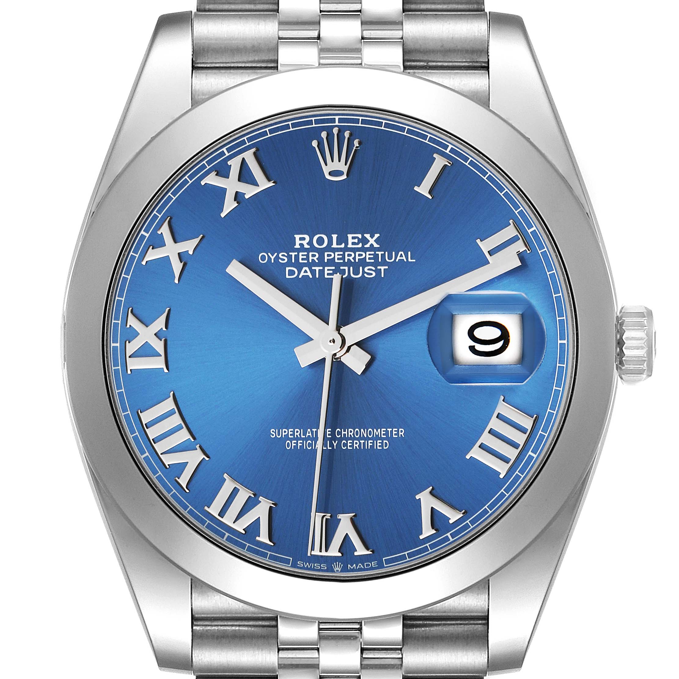 This image shows a Rolex Datejust 41 126300 Men's Stainless Steel Blue Dial 126300 Men's Stainless Steel Blue Dial watch from a front angle, highlighting the blue dial, Roman numeral indices, and date window.
